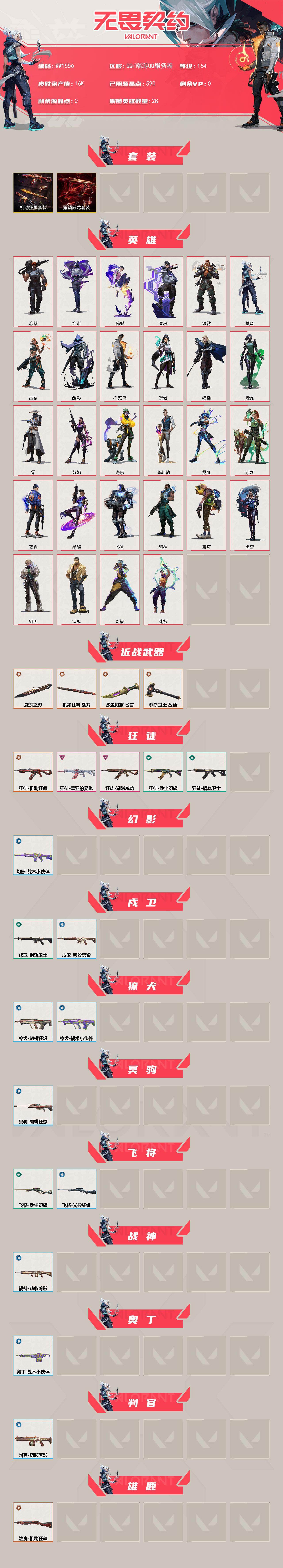 【WW1556】LV等级164/皮肤总价值16590/段位白银/总皮肤数量37/刀皮数量4/枪皮数量33/套装数量2/具体详情请看图/机动狂飙套装/耀鳞威龙套装/幻棱/炼狱/维斯/暮蝶/钛狐/壹决/