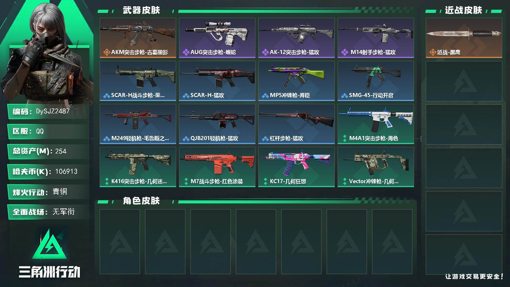 三角洲行动账号QQ【DySJZ2487】总资产254M/哈夫币10691万/传说枪皮数1/战场等级1/行动等级51/安全箱等时效性道具以游戏内数据为准，详情请看图/近战-黑鹰/AKM突击步枪-古墓丽影/QBZ95-1