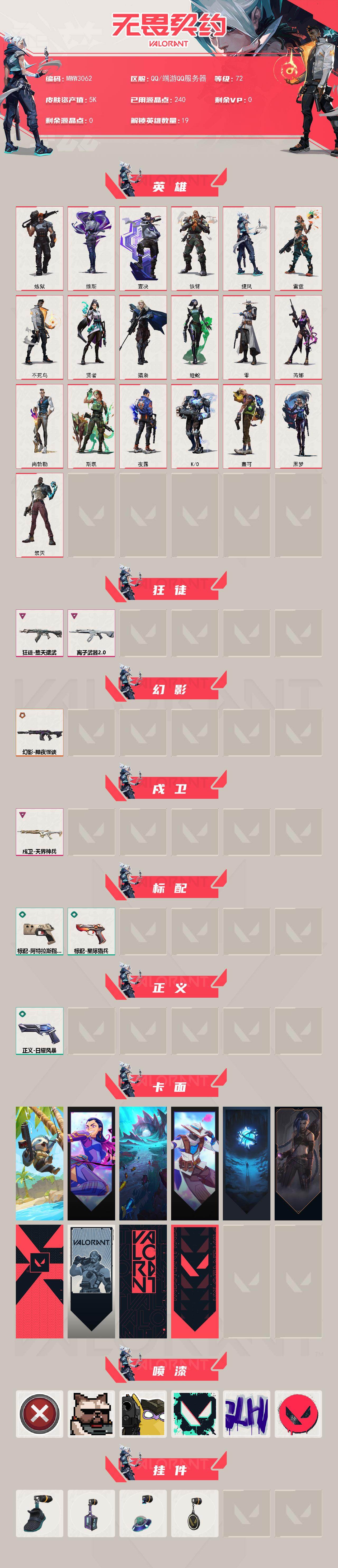 【英雄】：炼狱，维斯，壹决，铁臂，捷风，雷兹，不死鸟，贤者，猎枭，蝰蛇，零，芮娜，尚勃勒，斯凯，夜露，K/O，盖可，黑梦，禁灭
【狂徒】：狂徒-堕天遗武，狂徒-离子武器//2.0
【幻影】：幻影-黯