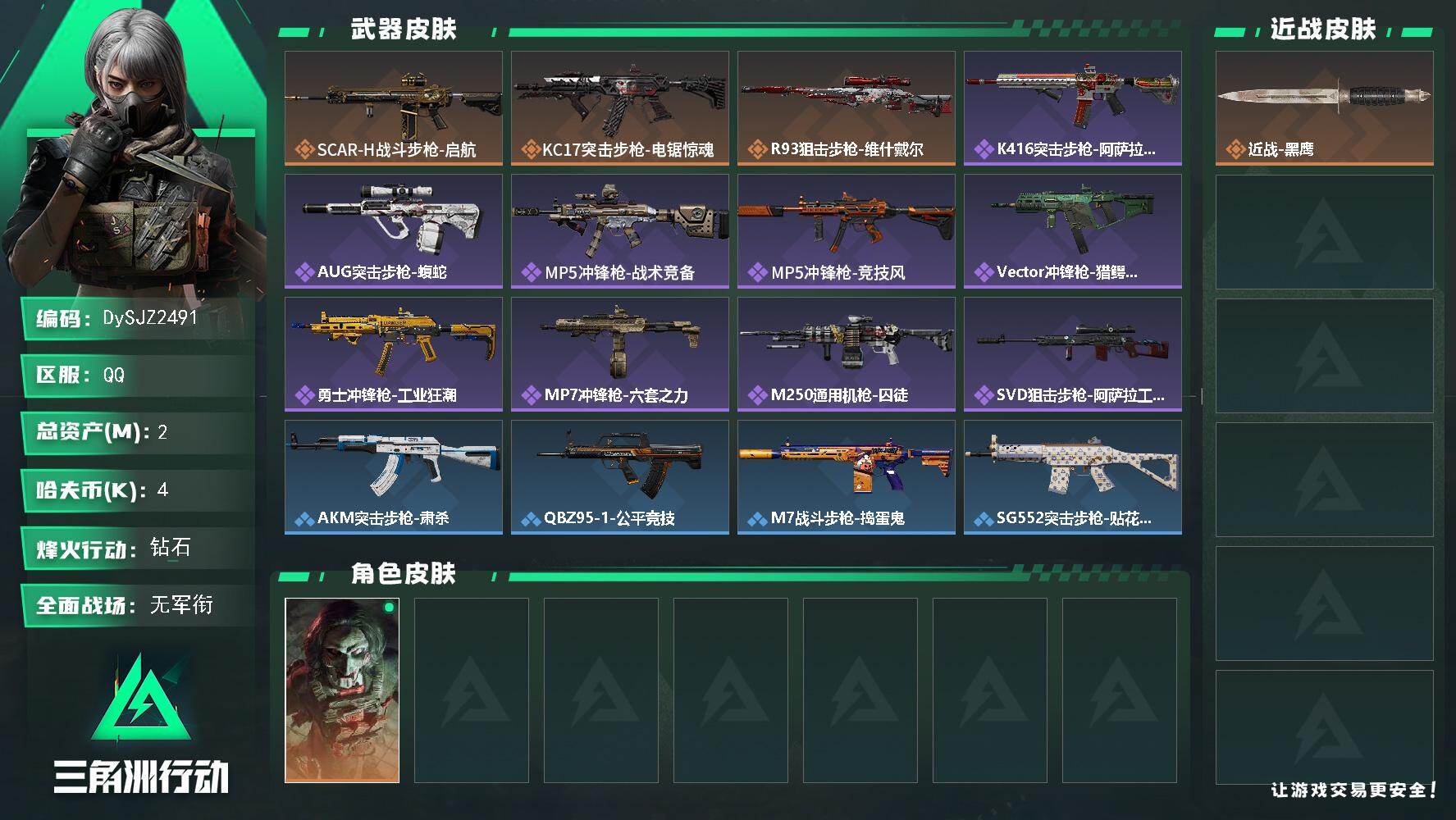 三角洲行动账号QQ【DySJZ2491】总资产2M/哈夫币0万/干员外观数1/传说枪皮数3/战场等级1/行动等级54/安全箱等时效性道具以游戏内数据为准，详情请看图/红狼-电锯惊魂/近战-黑鹰/SCAR-H战斗步枪-