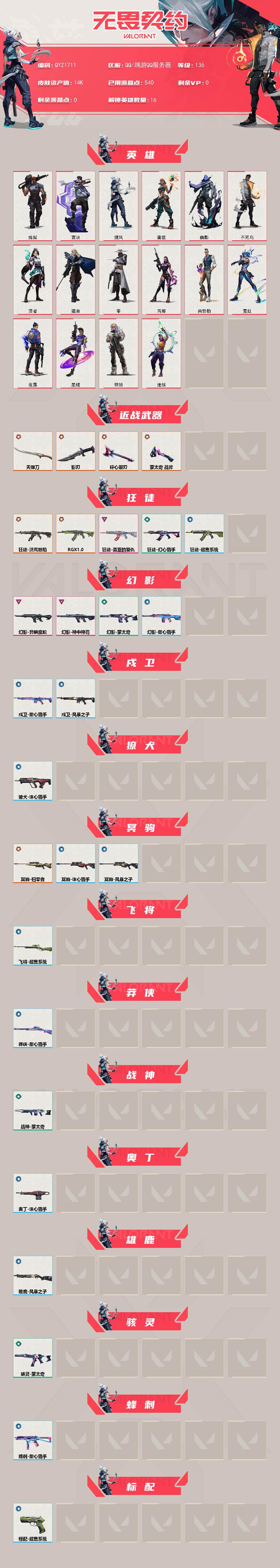 【QYZ1711】LV等级136/皮肤总价值14400/段位铂金/总皮肤数量35/刀皮数量4/枪皮数量31/具体详情请看图/炼狱/壹决/捷风/雷兹/幽影/不死鸟/贤者/猎枭/零/芮娜/尚勃勒/霓虹/