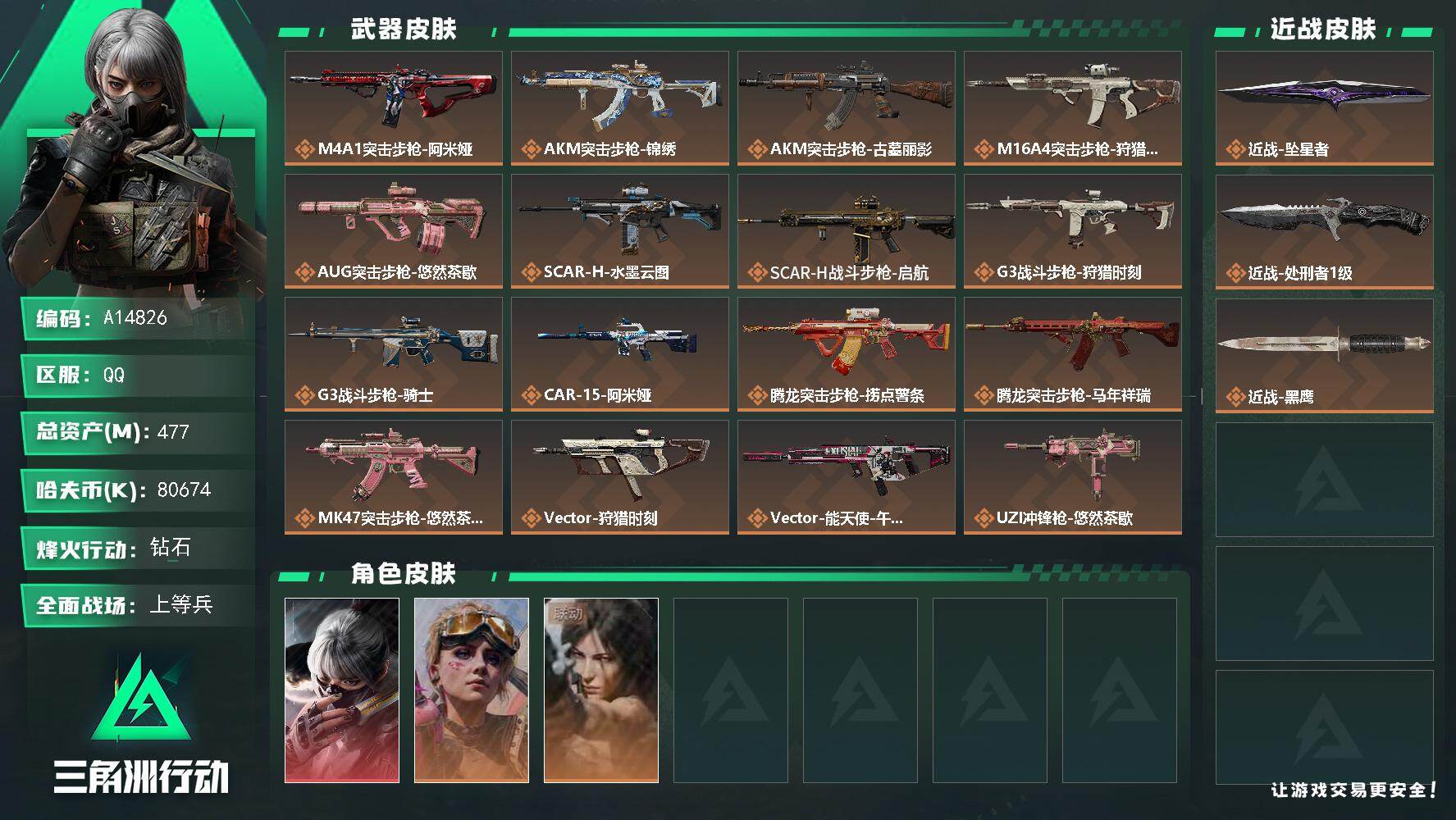 三角洲行动账号QQA14826/QQ区【2近战1红皮满体力仓库9成品号】【总资产:477.9M+近战坠星者+近战处刑者