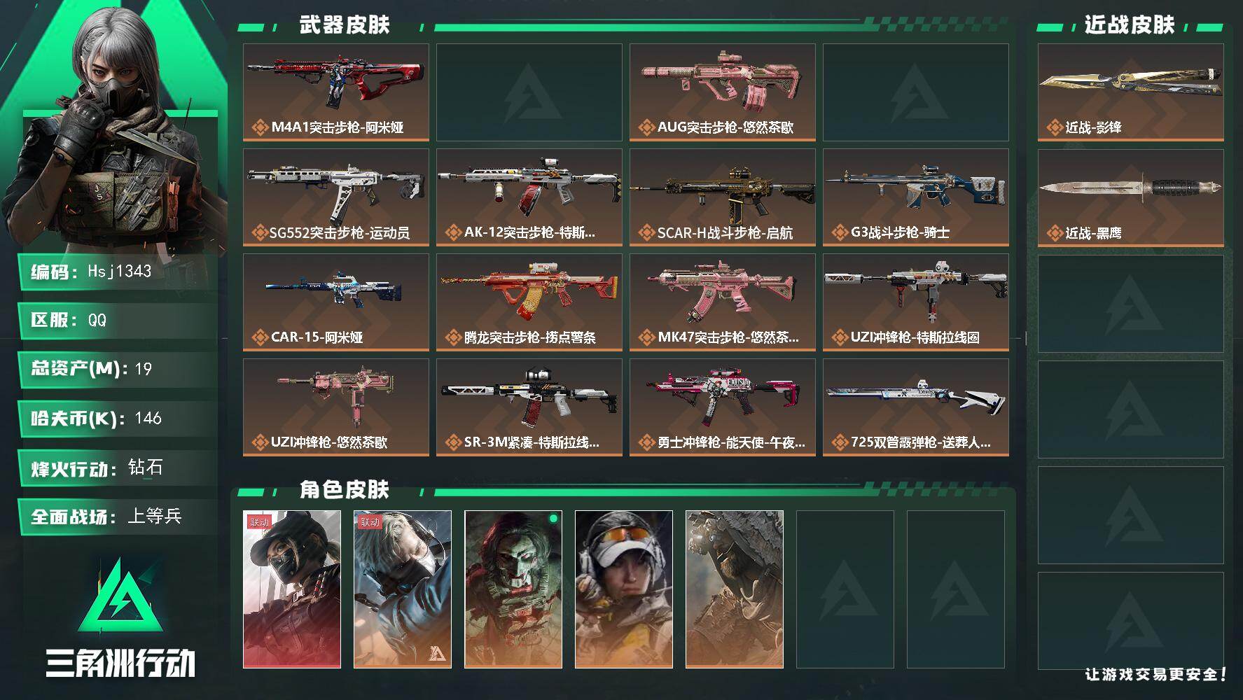 三角洲行动账号QQ【特价秒杀】【总资产19.7m流动资产9.3m哈夫币146k】可二次--全面战场等级：17/烽火地带