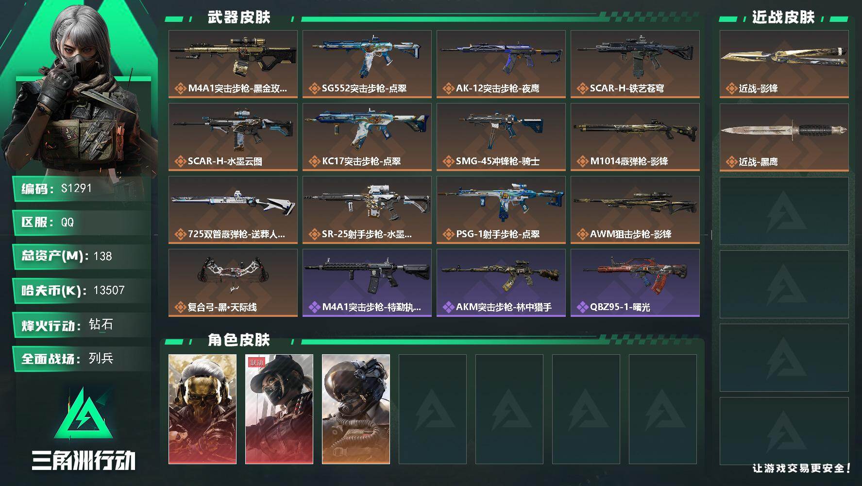 三角洲行动账号QQ【S1291】总资产138M/哈夫币1350万/传说近战数1/干员外观数3/传说枪皮数13/战场等级9/行动等级60/安全箱等时效性道具以游戏内数据为准，详情请看图/红狼-蚀金玫瑰/露娜-黑·天际线