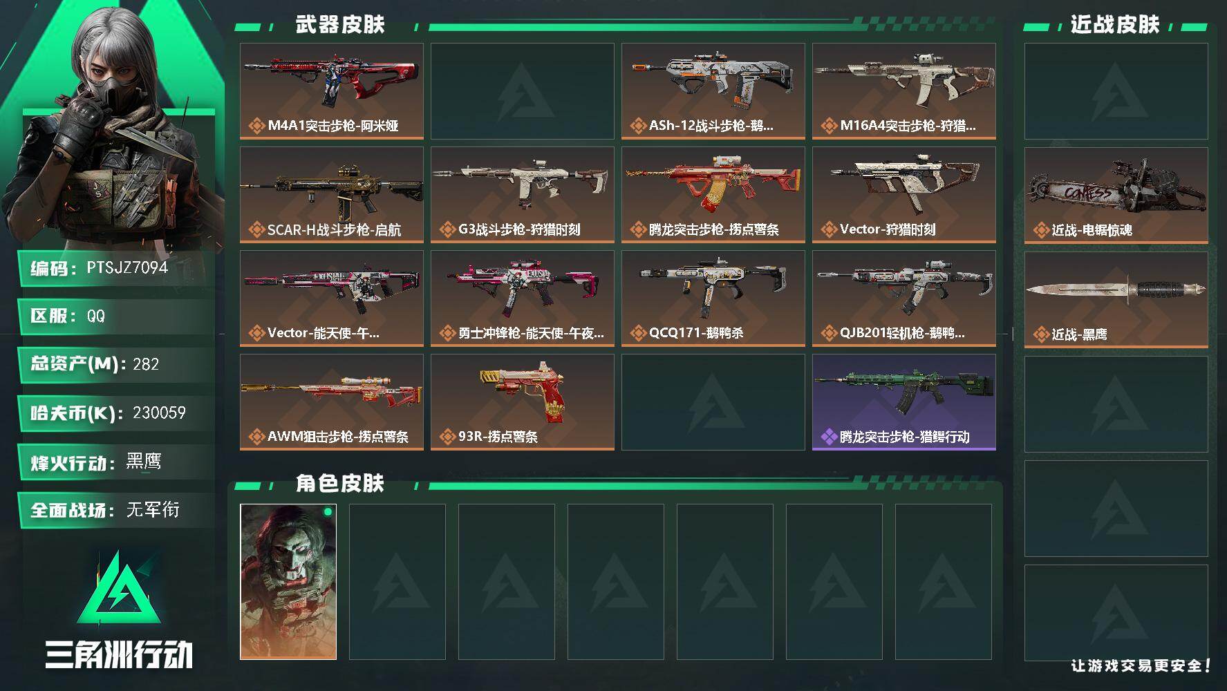 三角洲行动账号QQ【PTSJZ7094】总资产282M/哈夫币23005万/传说近战数2/干员外观数1/传说枪皮数14