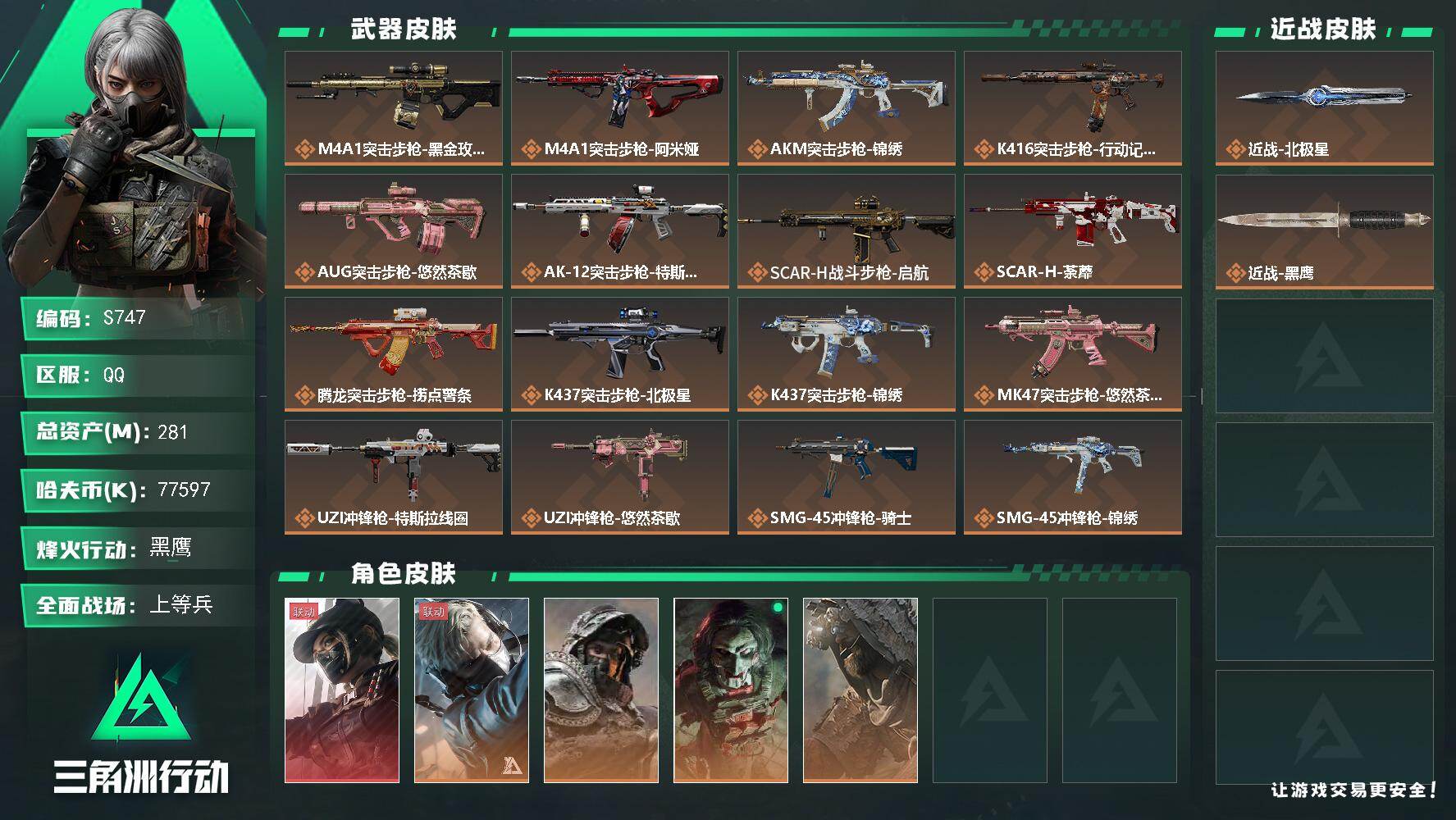 三角洲行动账号QQ【S747】总资产281M/哈夫币7759万/传说近战数1/干员外观数5/传说枪皮数31/战场等级31/行动等级60/安全箱等时效性道具以游戏内数据为准，详情请看图/露娜-黑·天际线/蜂医-送葬人·