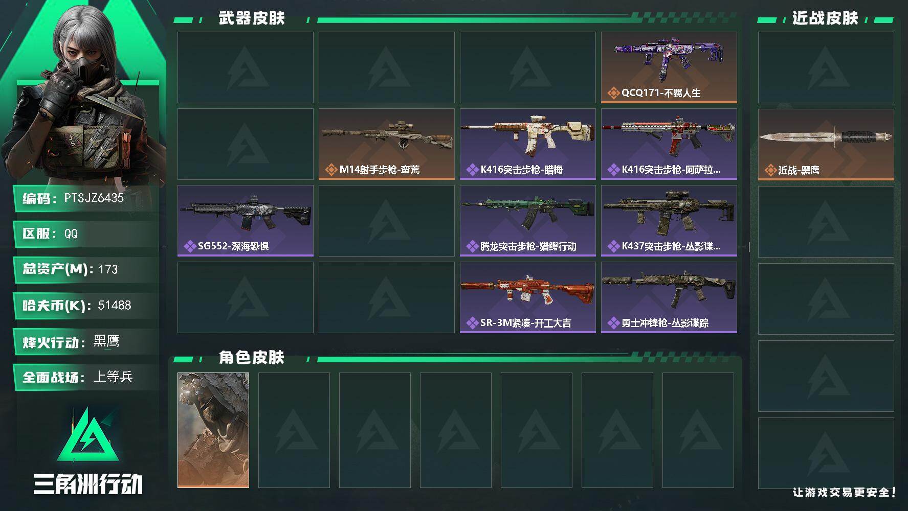 三角洲行动账号QQ【PTSJZ6435】总资产173M/哈夫币5148万/传说近战数1/干员外观数2/传说枪皮数6/战