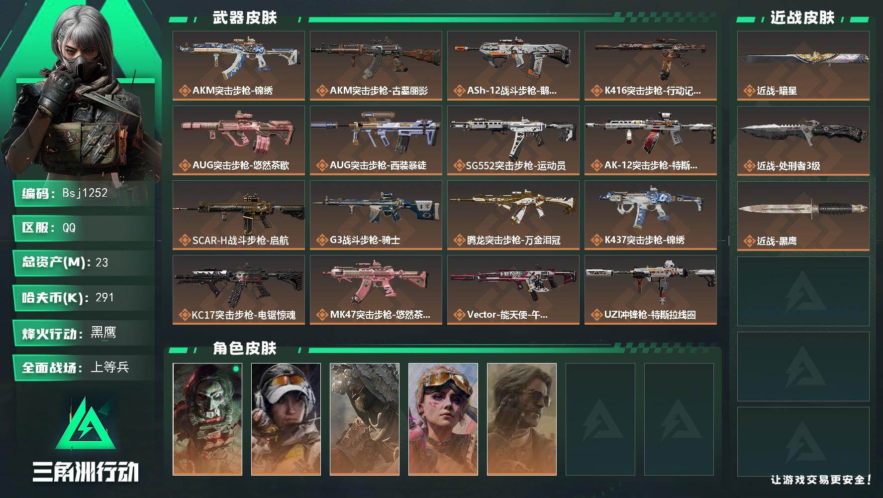 三角洲行动账号QQ【三角洲1刀5金附赠王者】【总资产23M 流动资产14M 哈夫币29w】可二次-烽火地带等级：60【