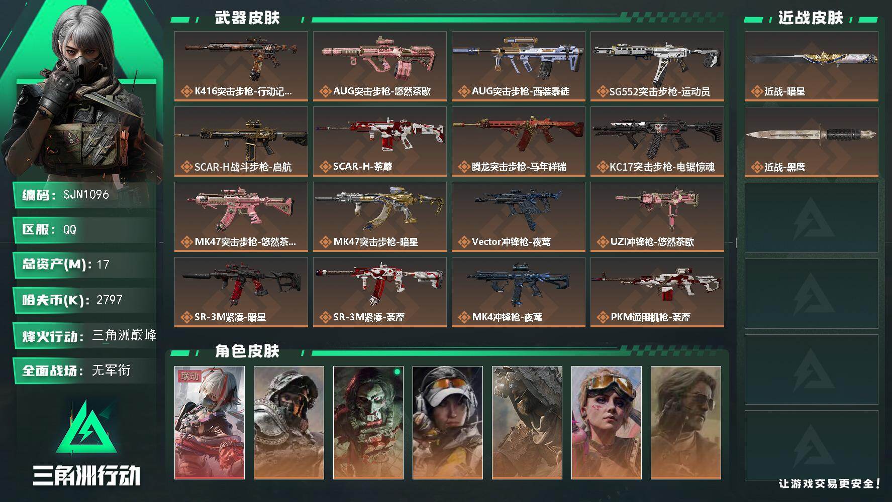三角洲行动账号QQ【SJN1096】总资产17M/哈夫币279万/传说近战数1/干员外观数7/传说枪皮数24/战场等级1/行动等级60/安全箱等时效性道具以游戏内数据为准，详情请看图/骇爪-维什戴尔/深蓝-不破誓约/
