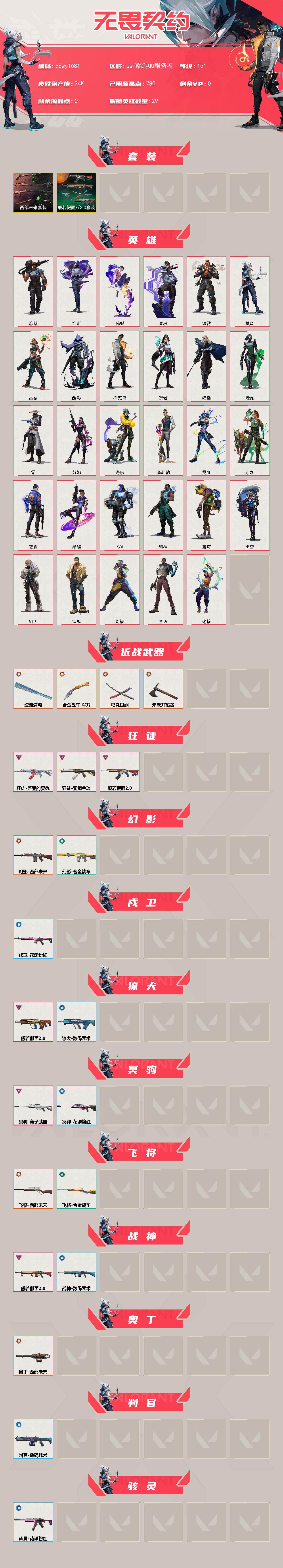 【ddwy1681】LV等级151/皮肤总价值24130/段位黄金/总皮肤数量30/刀皮数量4/枪皮数量26/套装数量2/具体详情请看图/西部未来套装/般若假面//2.0套装/幻棱/炼狱/维斯/暮蝶