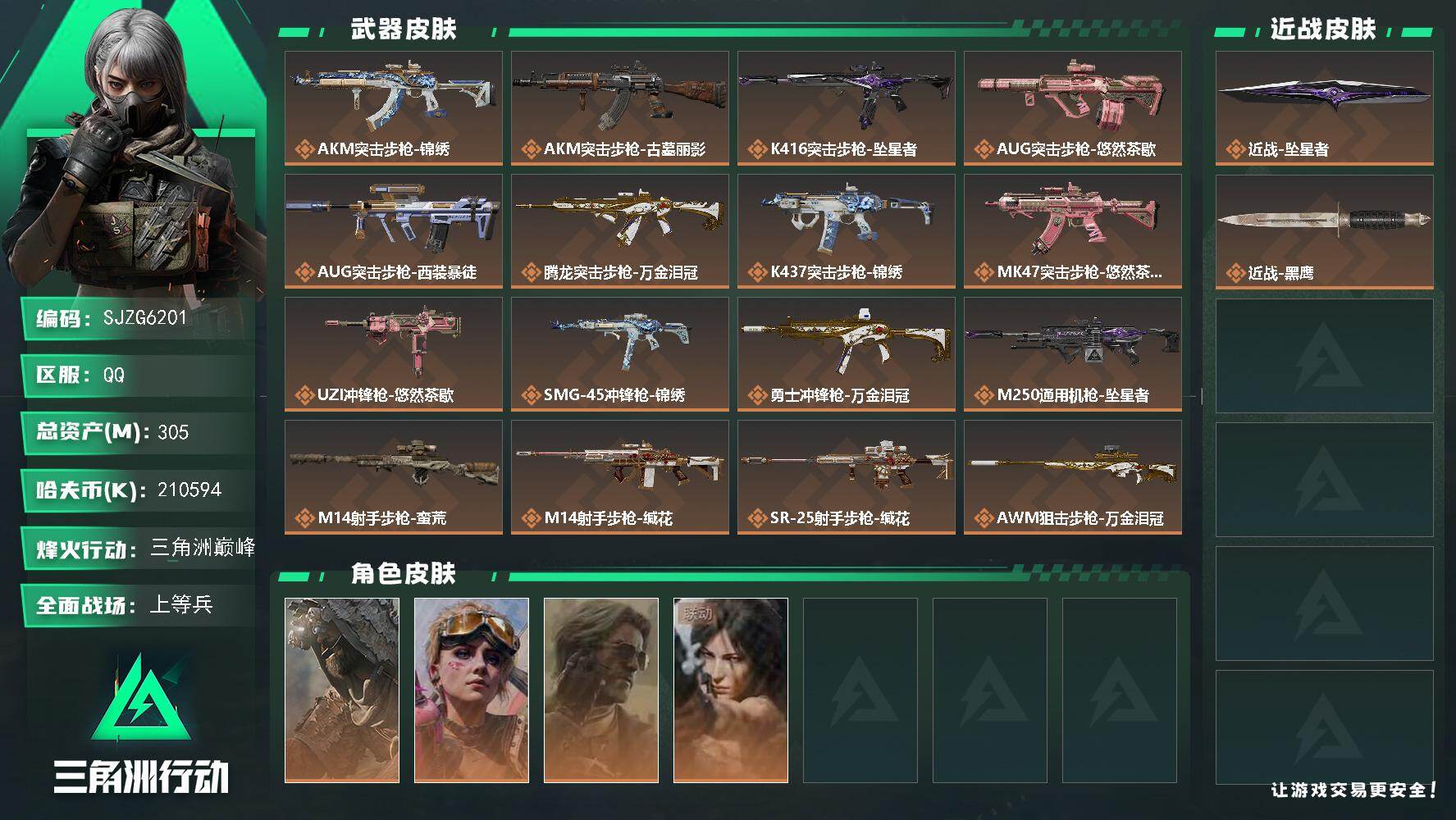三角洲行动账号QQ【SJZG6201】总资产305M/哈夫币21059万/传说近战数1/干员外观数4/传说枪皮数17/战场等级18/行动等级60/安全箱等时效性道具以游戏内数据为准，详情请看图/乌鲁鲁-荒原猎手/蛊-