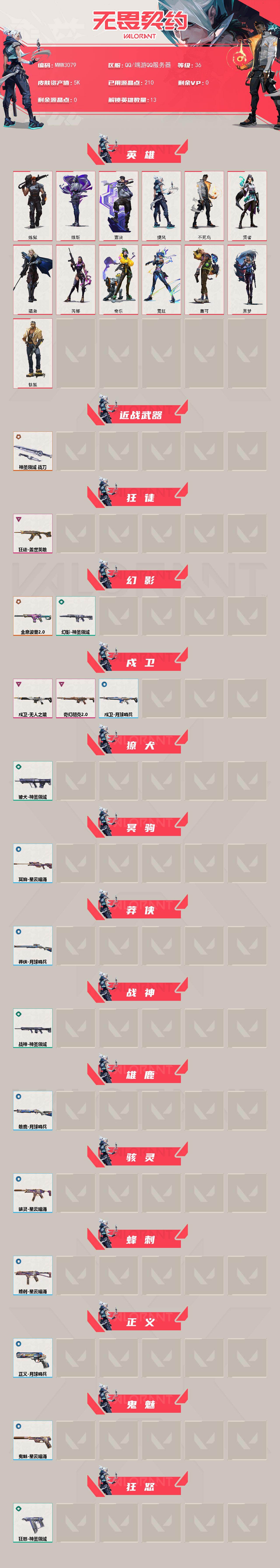 【英雄】:炼狱,维斯,钛狐,壹决,捷风,不死鸟,贤者,猎枭,芮娜,奇乐,霓虹,盖可,黑梦
【近战武器】:近战武器-神圣领域 战刀
【狂徒】:狂徒-盖世英雄
【幻影】:幻影-全息波普//2.0,幻影-