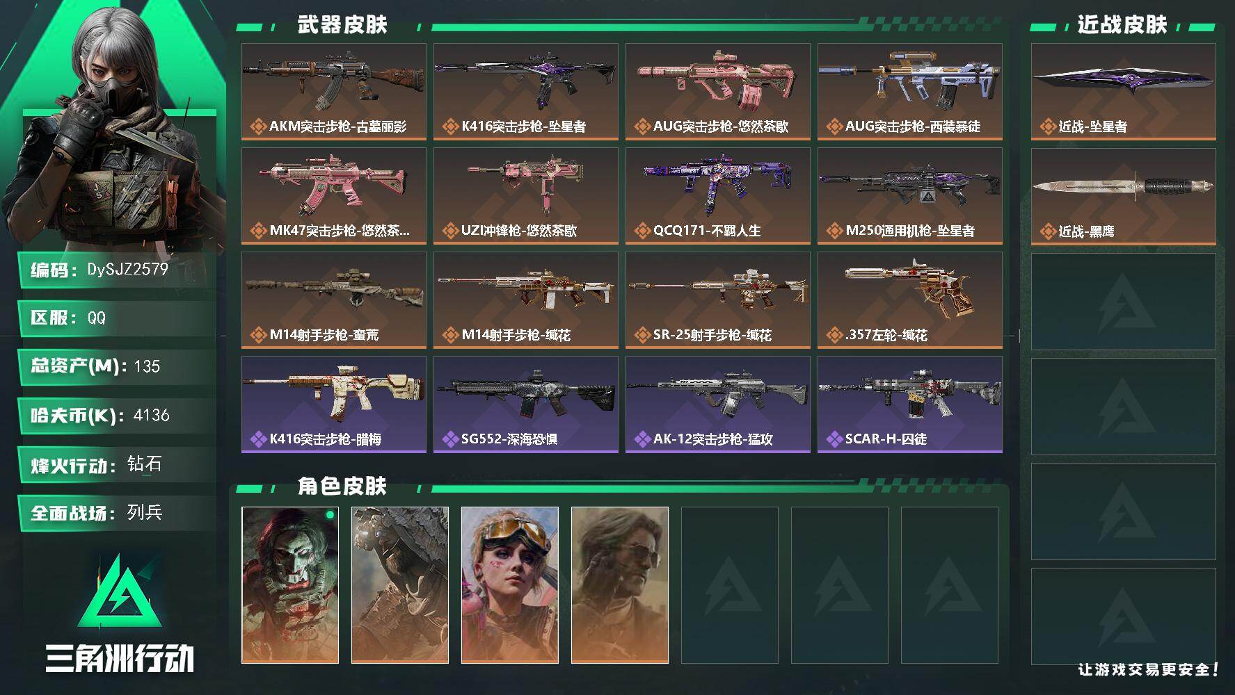 三角洲行动账号QQ【DySJZ2579】总资产135M/哈夫币413万/传说近战数1/干员外观数4/传说枪皮数12/战场等级14/行动等级60/安全箱等时效性道具以游戏内数据为准，详情请看图/红狼-电锯惊魂/乌鲁鲁-