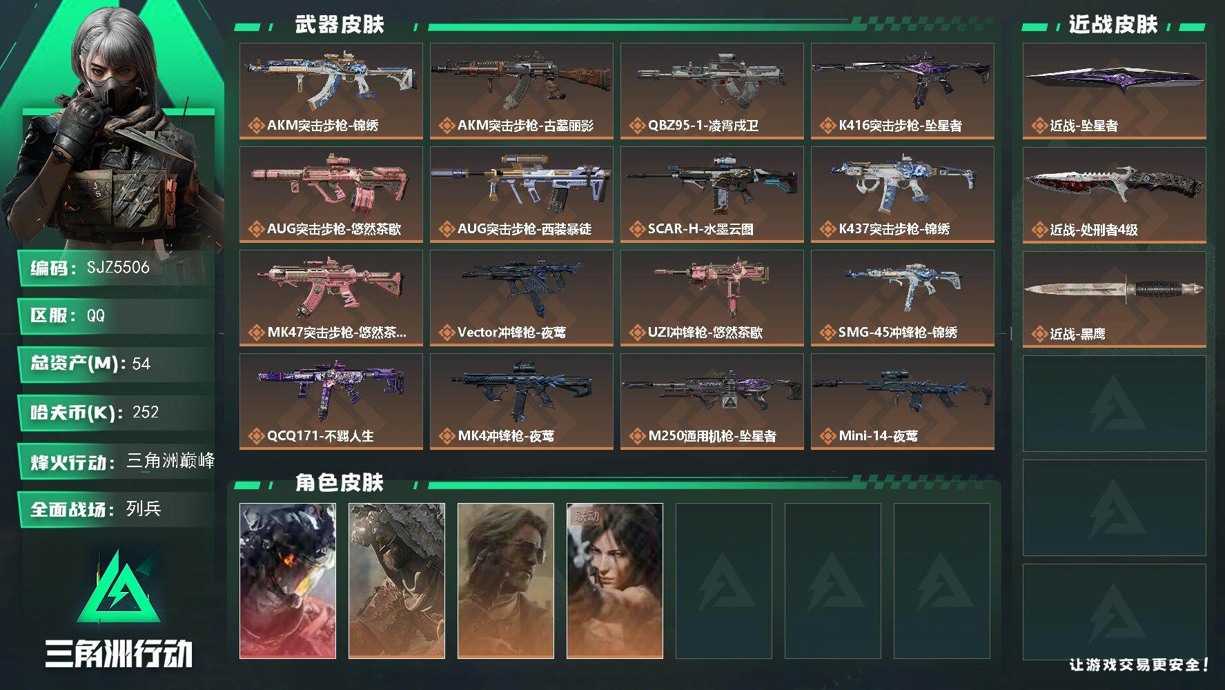 三角洲行动账号QQ【SJZ5506】总资产54M/哈夫币25万/传说近战数2/干员外观数4/传说枪皮数20/战场等级9/行动等级60/安全箱等时效性道具以游戏内数据为准，详情请看图/威龙-凌霄戍卫/乌鲁鲁-荒原猎手/
