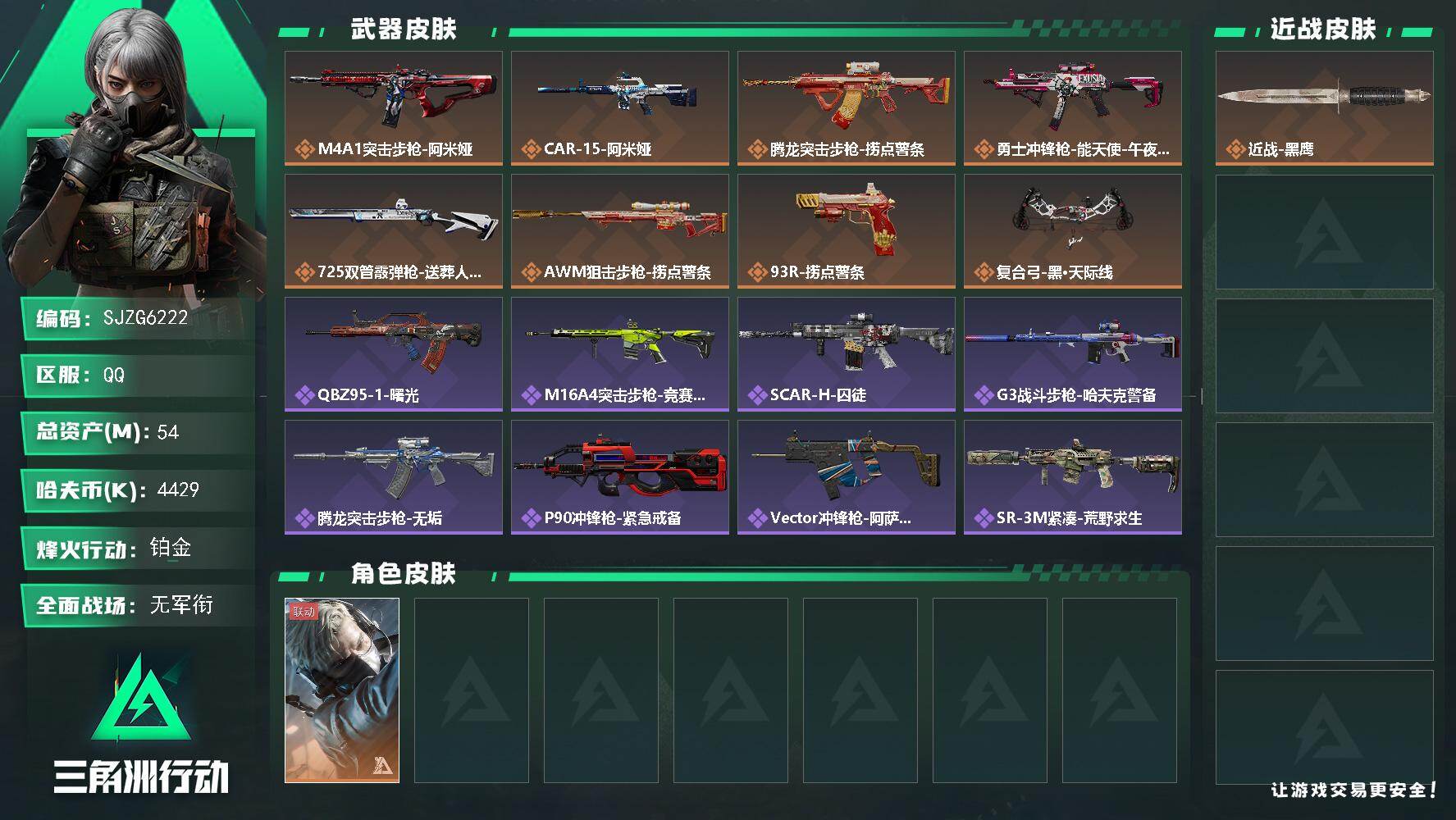 三角洲行动账号QQ【SJZG6222】总资产54M/哈夫币442万/干员外观数1/传说枪皮数8/战场等级5/行动等级60/安全箱等时效性道具以游戏内数据为准，详情请看图/蜂医-送葬人·无题密令/近战-黑鹰/M4A1突