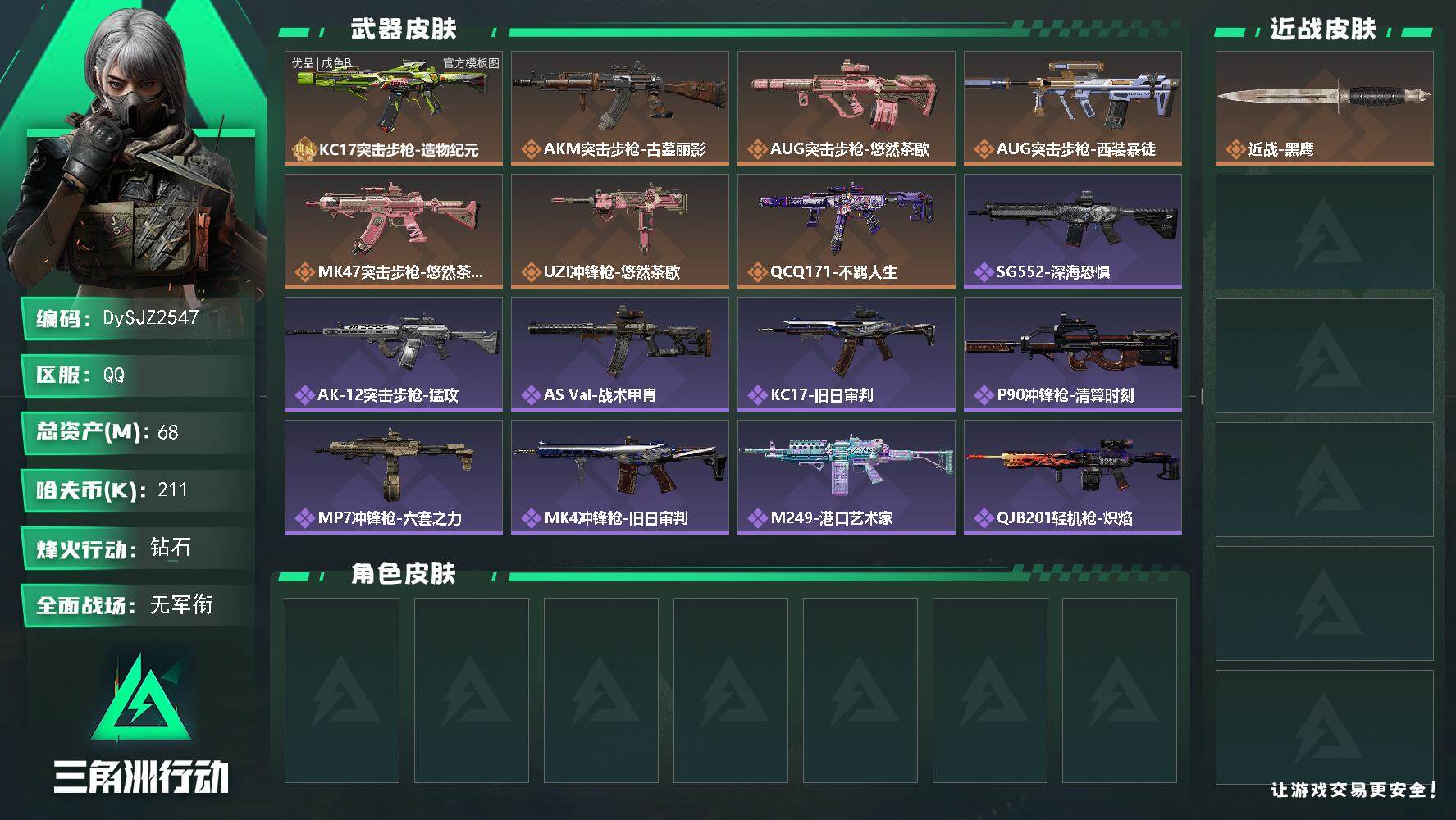 三角洲行动账号QQ【DySJZ2547】总资产68M/哈夫币21万/典藏外观数1/传说枪皮数7/战场等级1/行动等级60/安全箱等时效性道具以游戏内数据为准，详情请看图/近战-黑鹰/KC17突击步枪-造物纪元/KC1
