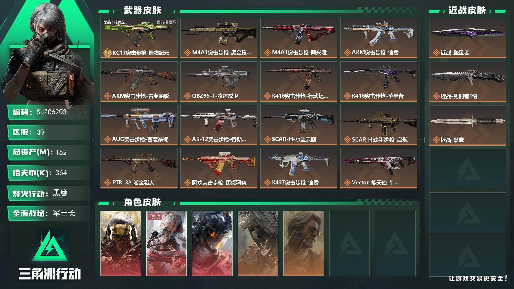三角洲行动账号QQ【SJZG6203】总资产152M/哈夫币36万/传说近战数2/干员外观数5/典藏外观数1/传说枪皮数27/战场等级27/行动等级60/安全箱等时效性道具以游戏内数据为准，详情请看图/红狼-蚀金玫瑰