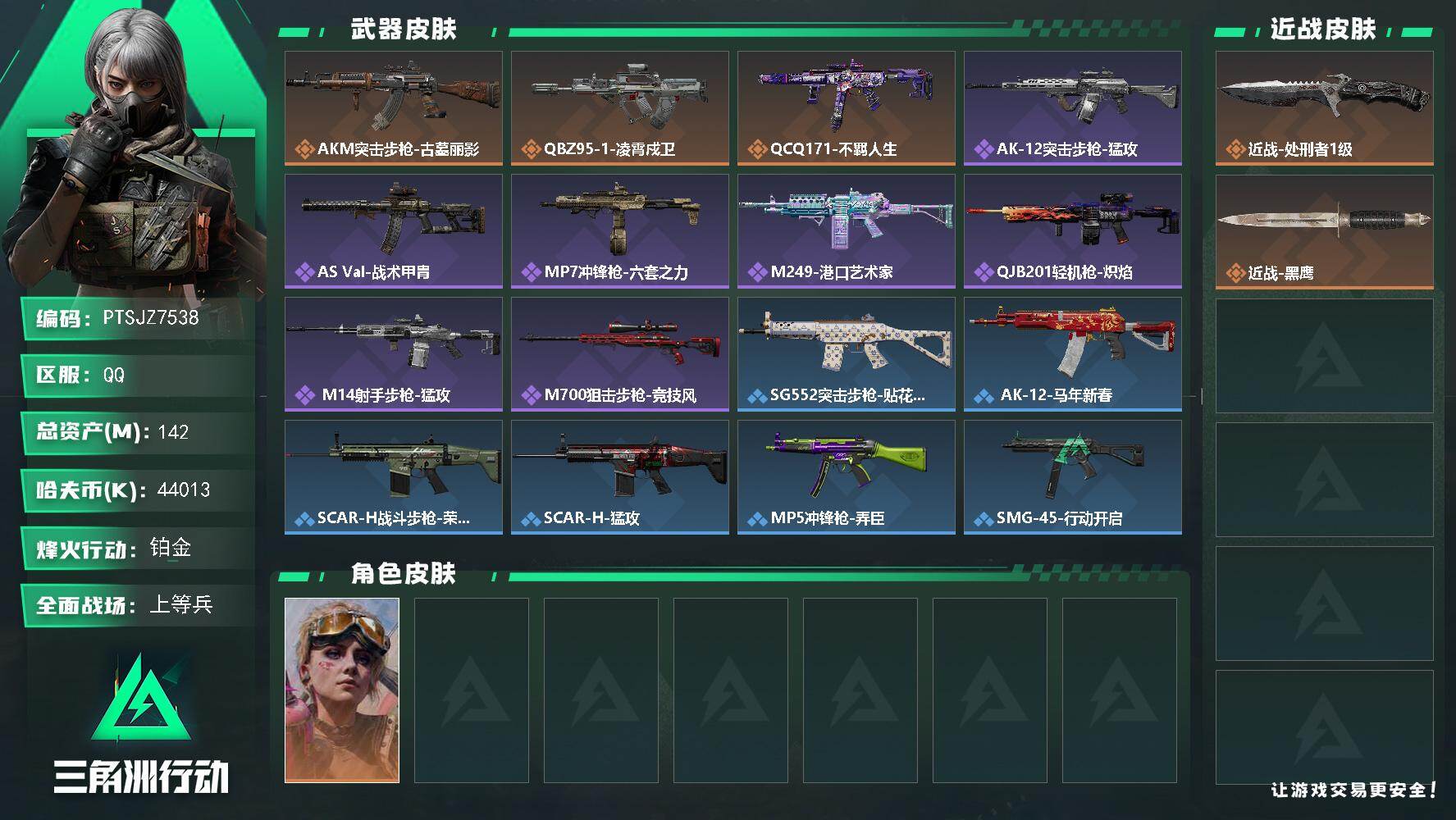 三角洲行动账号QQ【PTSJZ7538】总资产142M/哈夫币4401万/传说近战数1/干员外观数1/传说枪皮数3/战