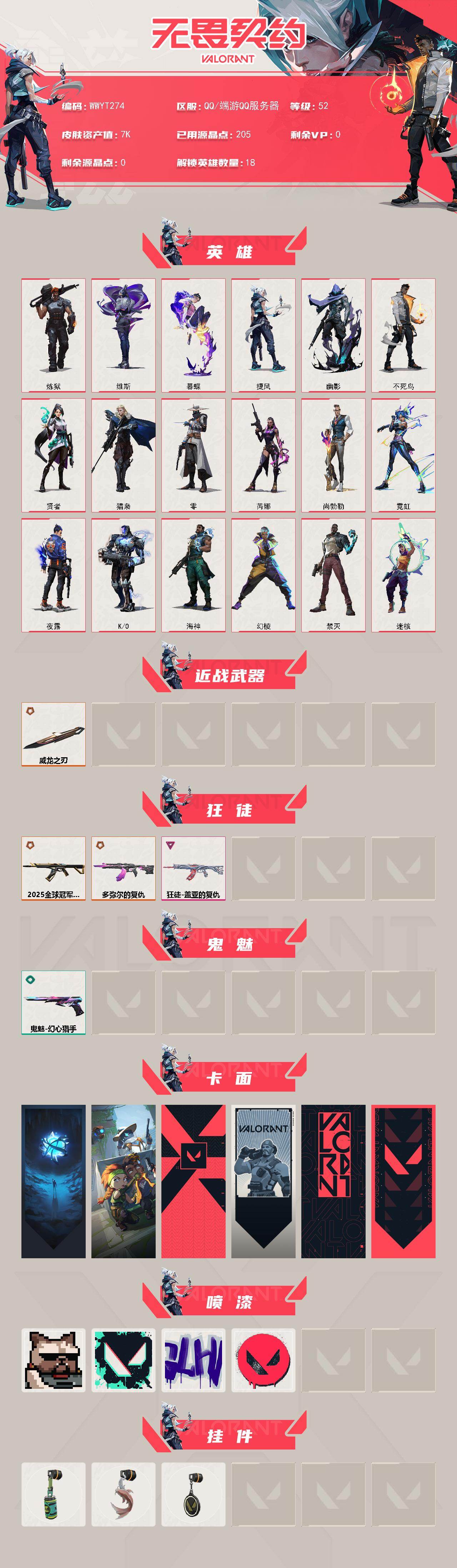 【WWYT274】LV等级52/皮肤总价值7950/段位青铜/总皮肤数量5/刀皮数量1/枪皮数量4/具体详情请看图/幻棱/炼狱/维斯/暮蝶/捷风/幽影/不死鸟/贤者/猎枭/零/芮娜/尚勃勒/霓虹/夜