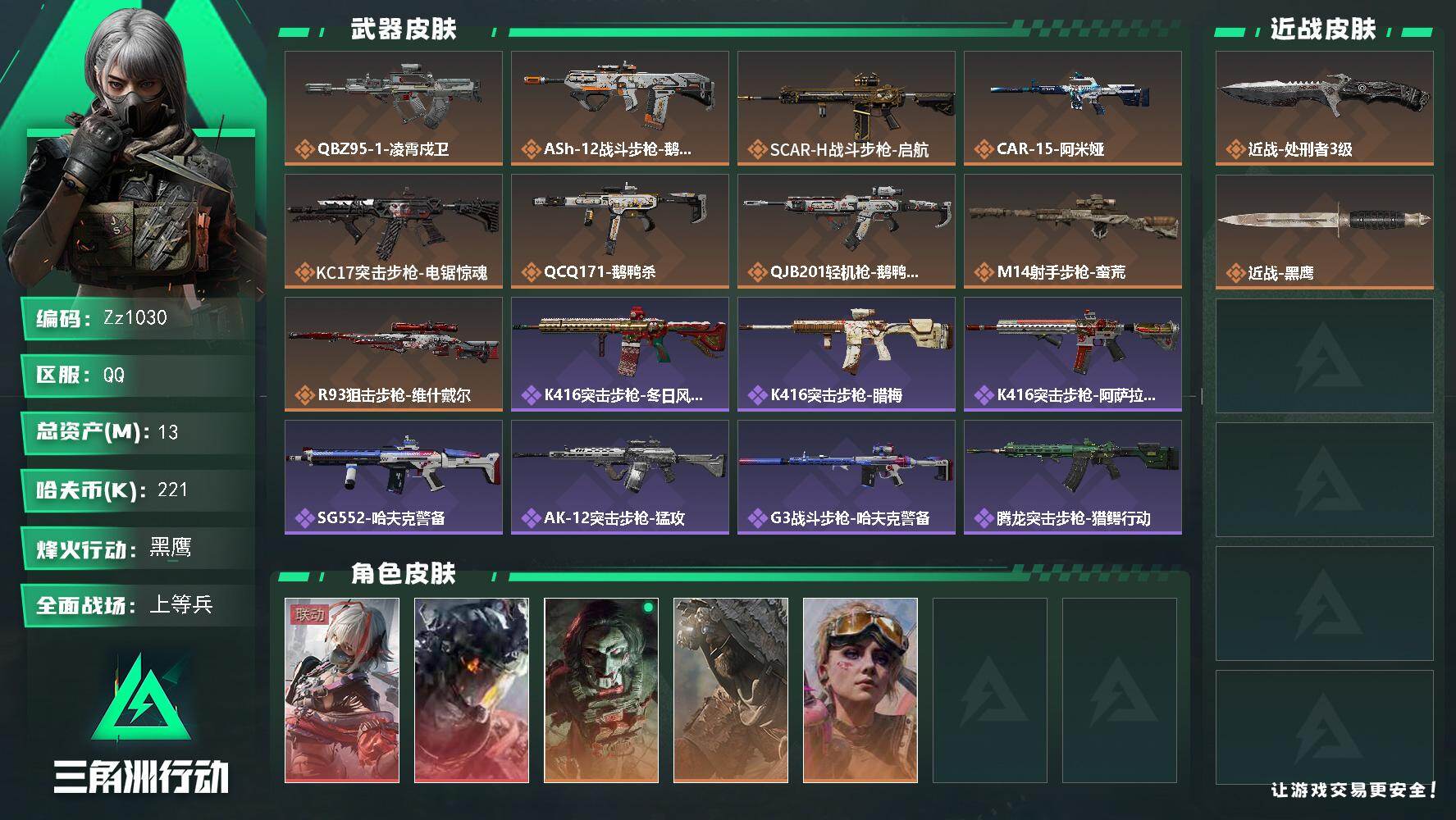 三角洲行动账号QQ【Zz1030】13m总资产-221k哈夫币-60烽火等级-黑鹰-29战场等级-上等兵
【干员外观】：骇爪-维什戴尔，威龙-凌霄戍卫，红狼-电锯惊魂，乌鲁鲁-荒原猎手，蛊-不羁人生
【近战皮肤】：近
