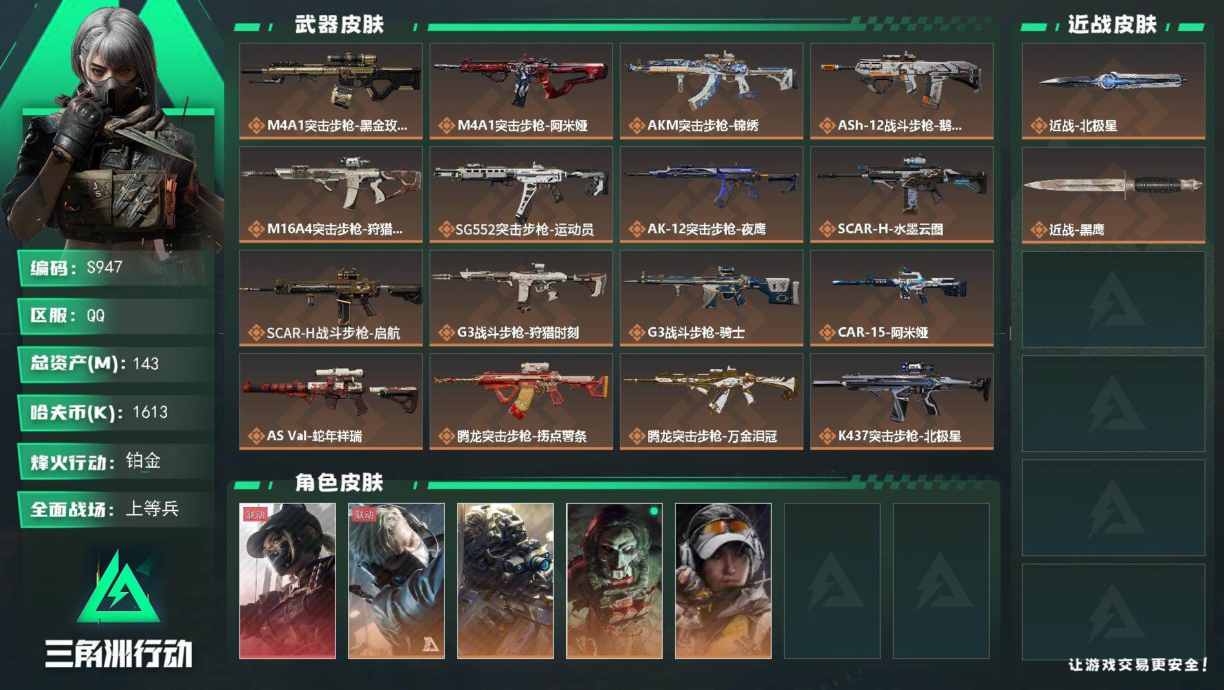 三角洲行动账号QQ【S947】总资产(M)：143M/哈夫币(K)：1613K/哈夫币(K)：1613K/传说枪皮数：38/全面战场等级：50_段位：上等兵/烽火地带等级：60_段位：铂金/露娜-黑·天际线/蜂医-送