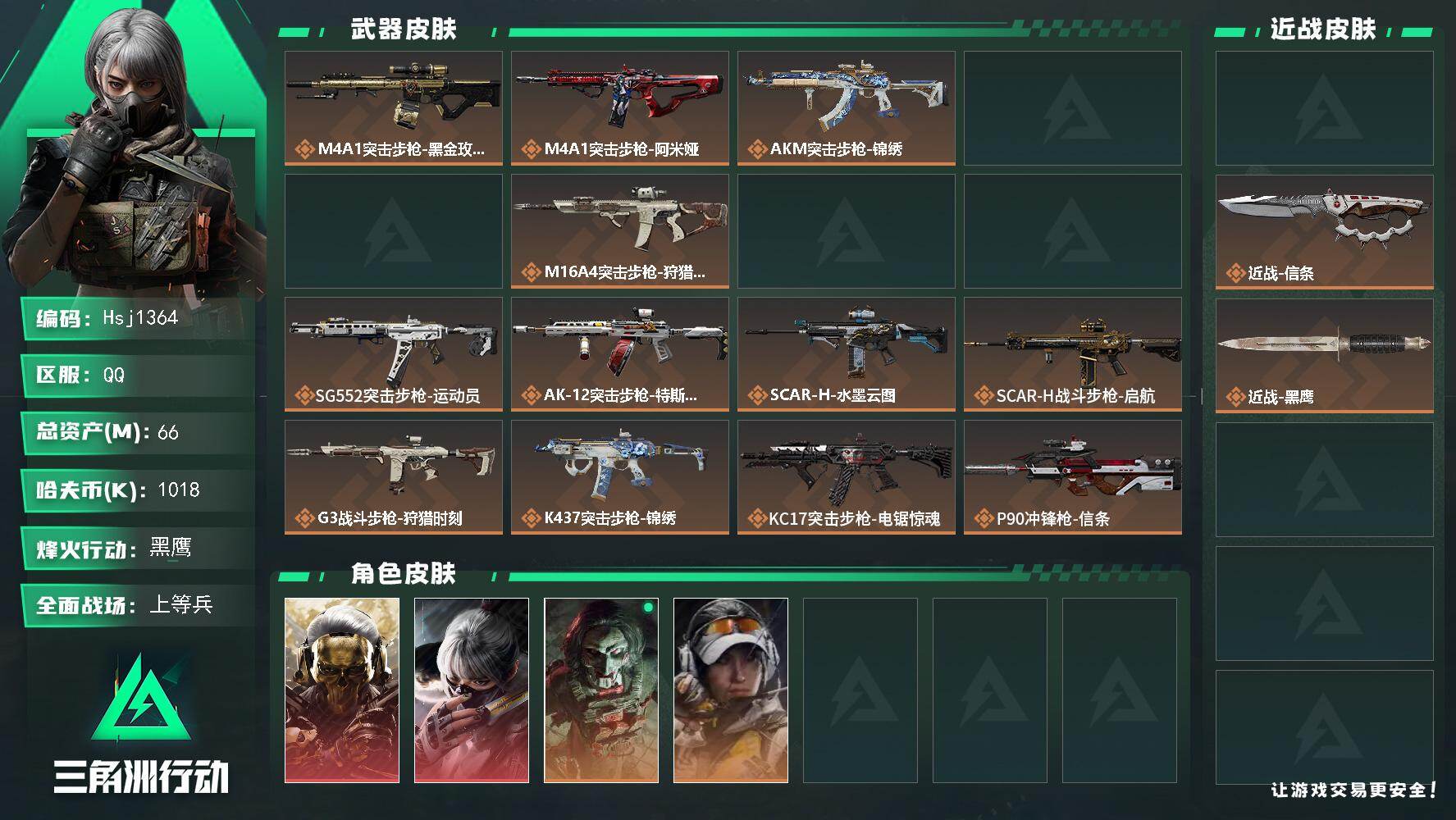 三角洲行动账号QQ【特价秒杀】【总资产66.7m流动资产28.8m哈夫币101w】可二次--全面战场等级：47/烽火地