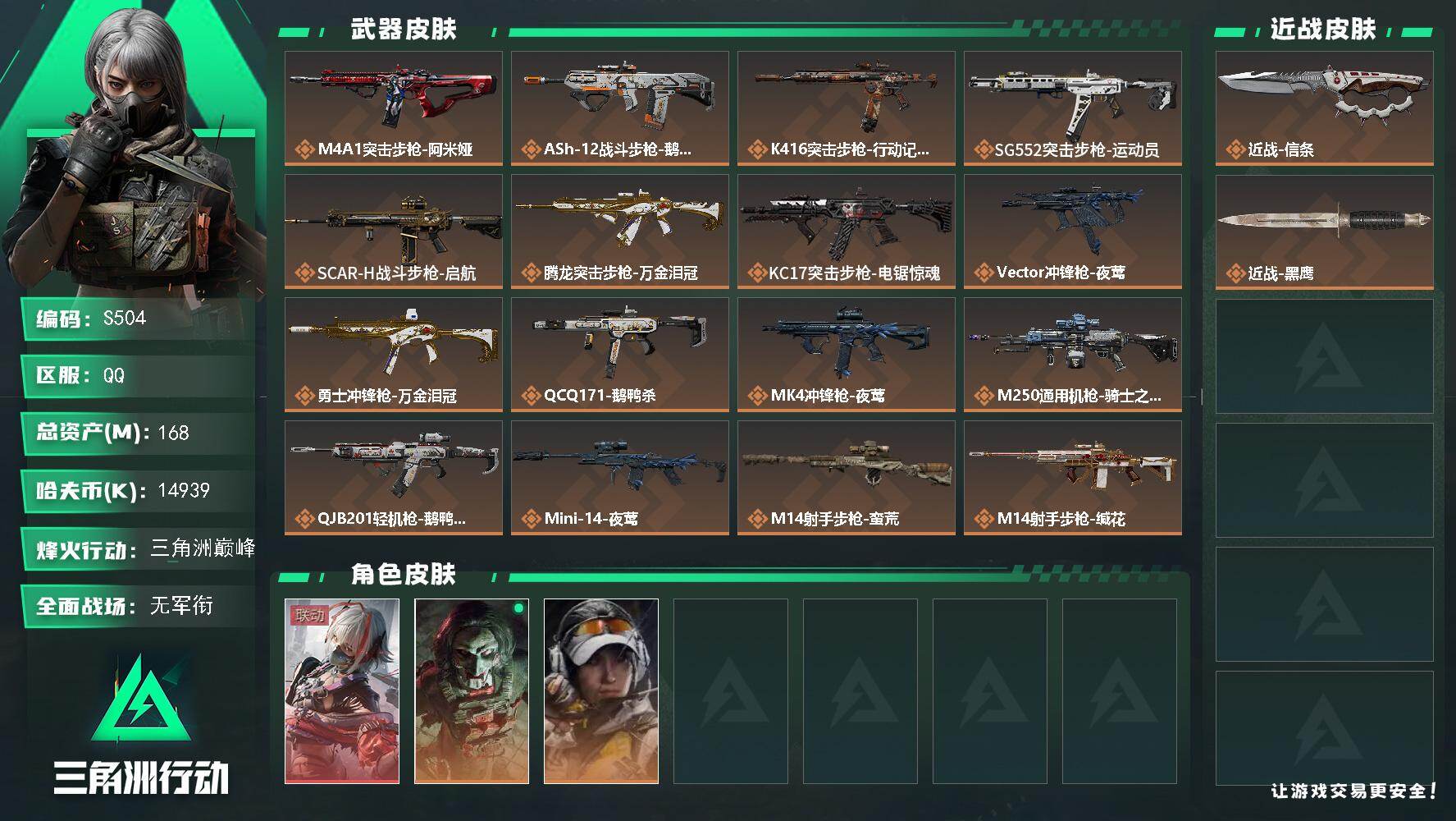 三角洲行动账号QQ【S504】总资产168M/哈夫币1493万/传说近战数1/传说枪皮数20/战场等级1/行动等级60/安全箱等时效性道具以游戏内数据为准，详情请看图/骇爪-维什戴尔/红狼-电锯惊魂/露娜-金牌射手/