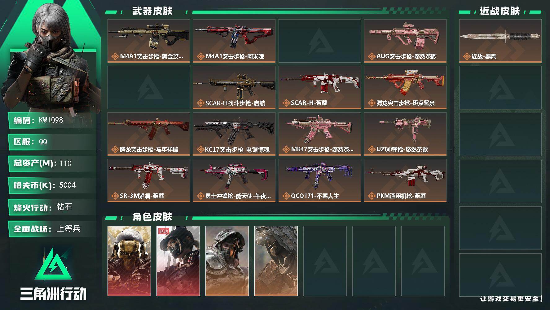 三角洲行动账号QQ【KW1098】总资产110M/哈夫币500万/干员外观数5/传说枪皮数26/战场等级20/行动等级60/安全箱等时效性道具以游戏内数据为准，详情请看图/藏品-非洲之心/红狼-蚀金玫瑰/露娜-黑·天