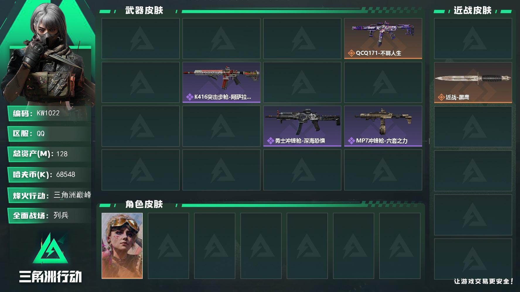 三角洲行动账号QQ【KW1022】总资产128M/哈夫币6854万/传说近战数1/干员外观数2/传说枪皮数5/战场等级9/行动等级60/安全箱等时效性道具以游戏内数据为准，详情请看图/蛊-不羁人生/银翼-未结卷宗/近