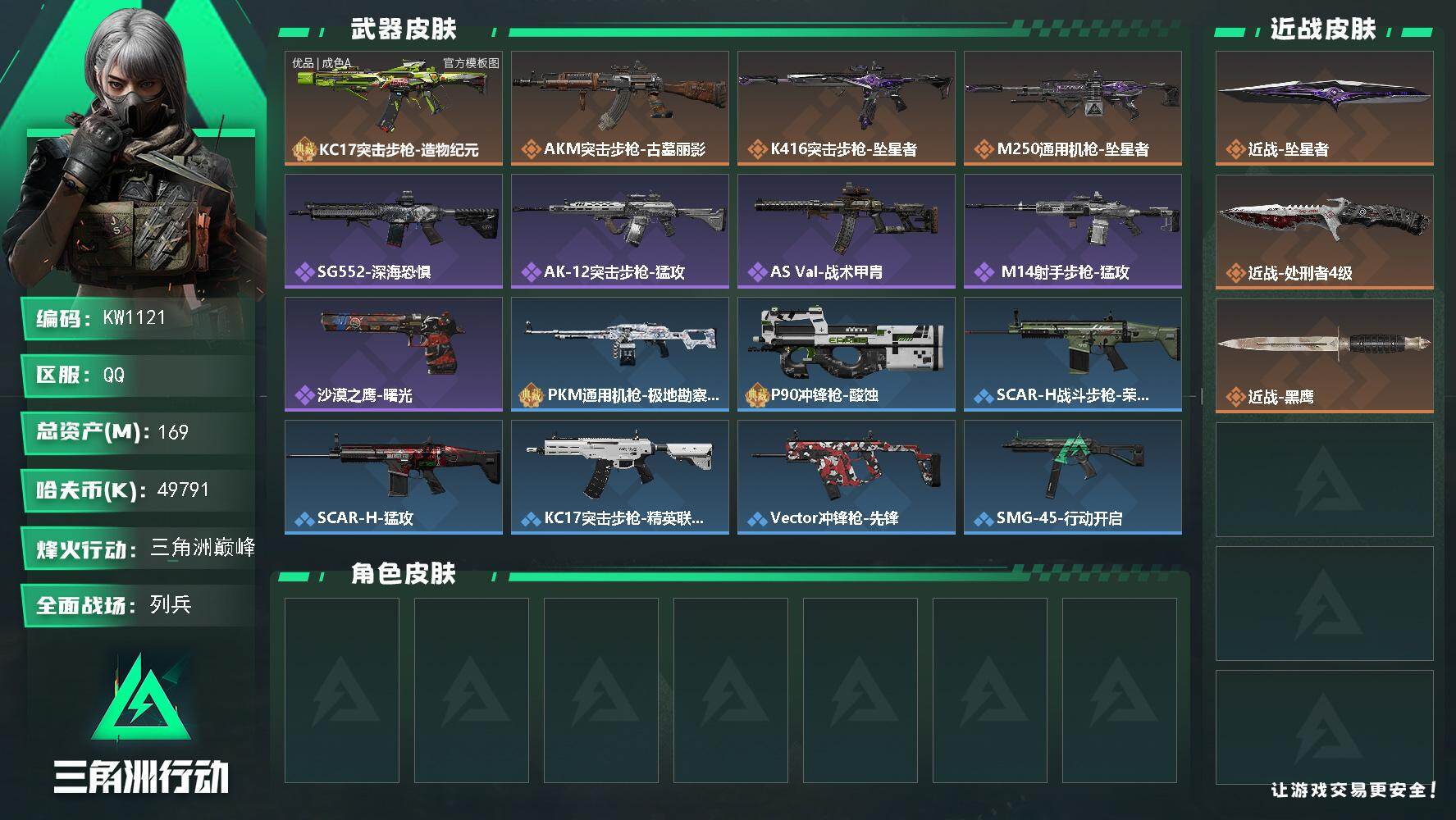 三角洲行动账号QQ【KW1121】总资产169M/哈夫币4979万/传说近战数2/典藏外观数1/传说枪皮数4/战场等级11/行动等级60/安全箱等时效性道具以游戏内数据为准，详情请看图/近战-坠星者/近战-处刑者4级