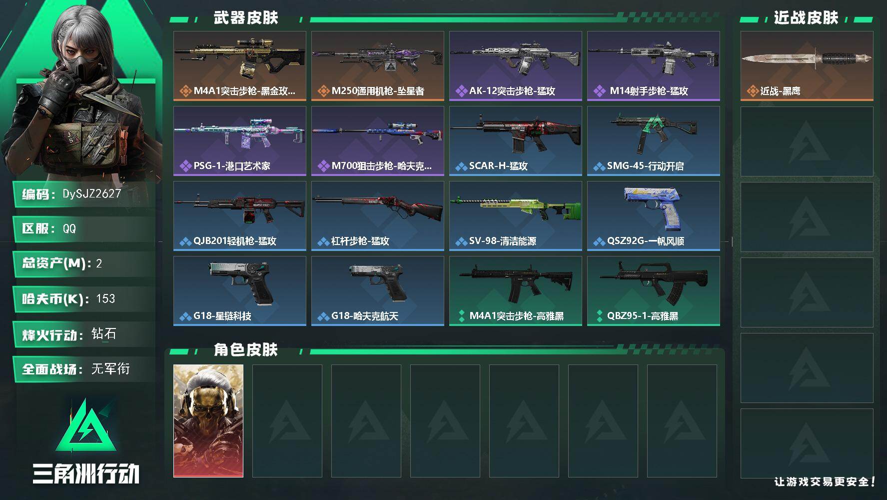 三角洲行动账号QQ【DySJZ2627】总资产2M/哈夫币15万/干员外观数1/传说枪皮数2/战场等级1/行动等级42/安全箱等时效性道具以游戏内数据为准，详情请看图/红狼-蚀金玫瑰/近战-黑鹰/M4A1突击步枪-蚀