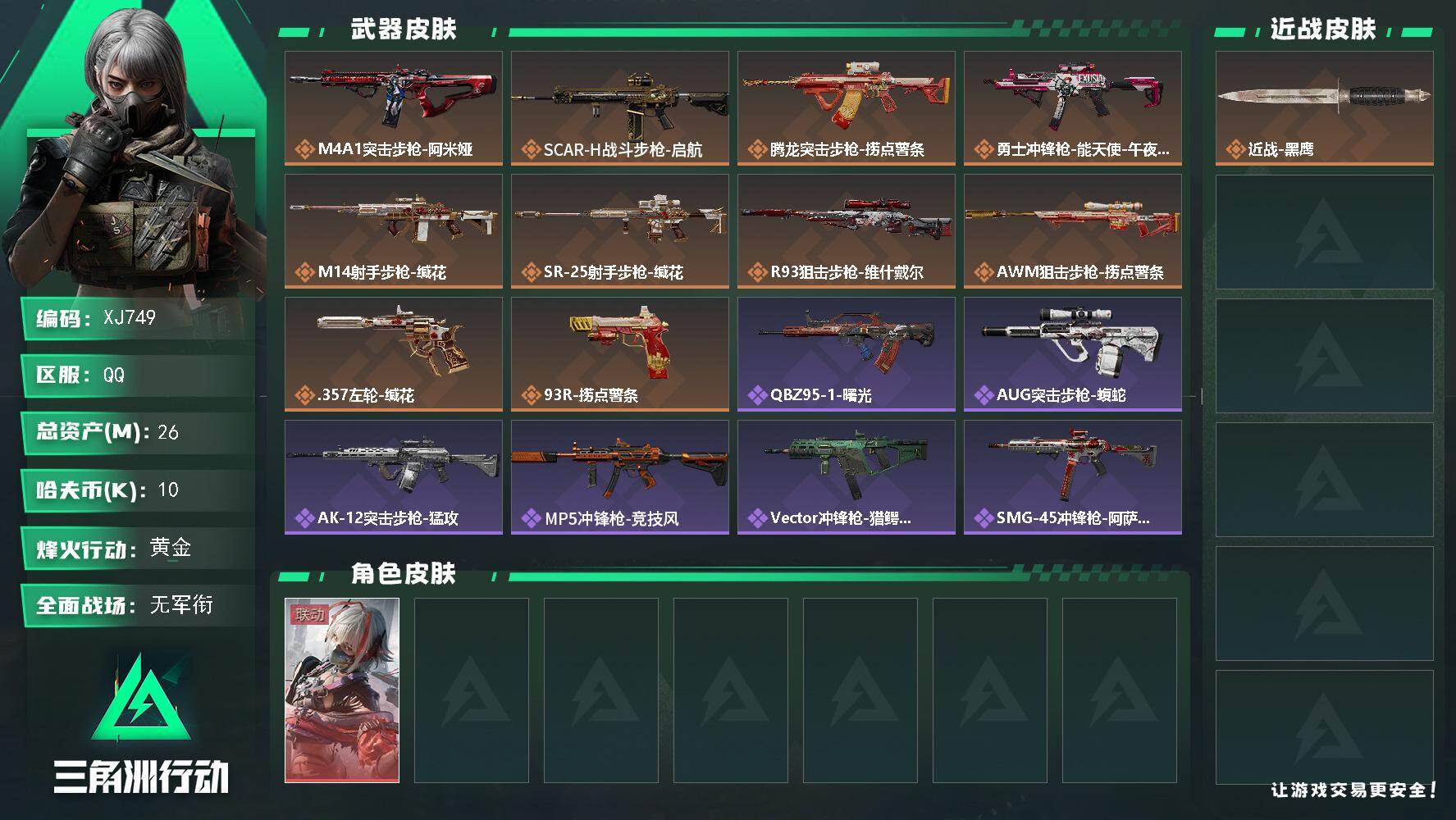三角洲行动账号QQ【XJ749】总资产26M/哈夫币1万/干员外观数1/传说枪皮数10/战场等级1/行动等级56/安全