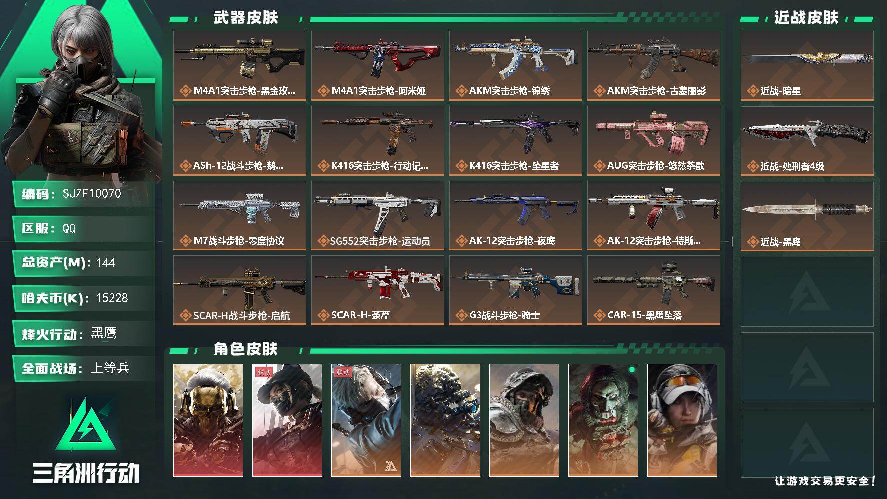 三角洲行动账号QQ【SJZF10070】总资产144M/哈夫币1522万/传说近战数2/干员外观数9/传说枪皮数46/战场等级35/行动等级60/安全箱等时效性道具以游戏内数据为准，详情请看图/红狼-蚀金玫瑰/露娜-