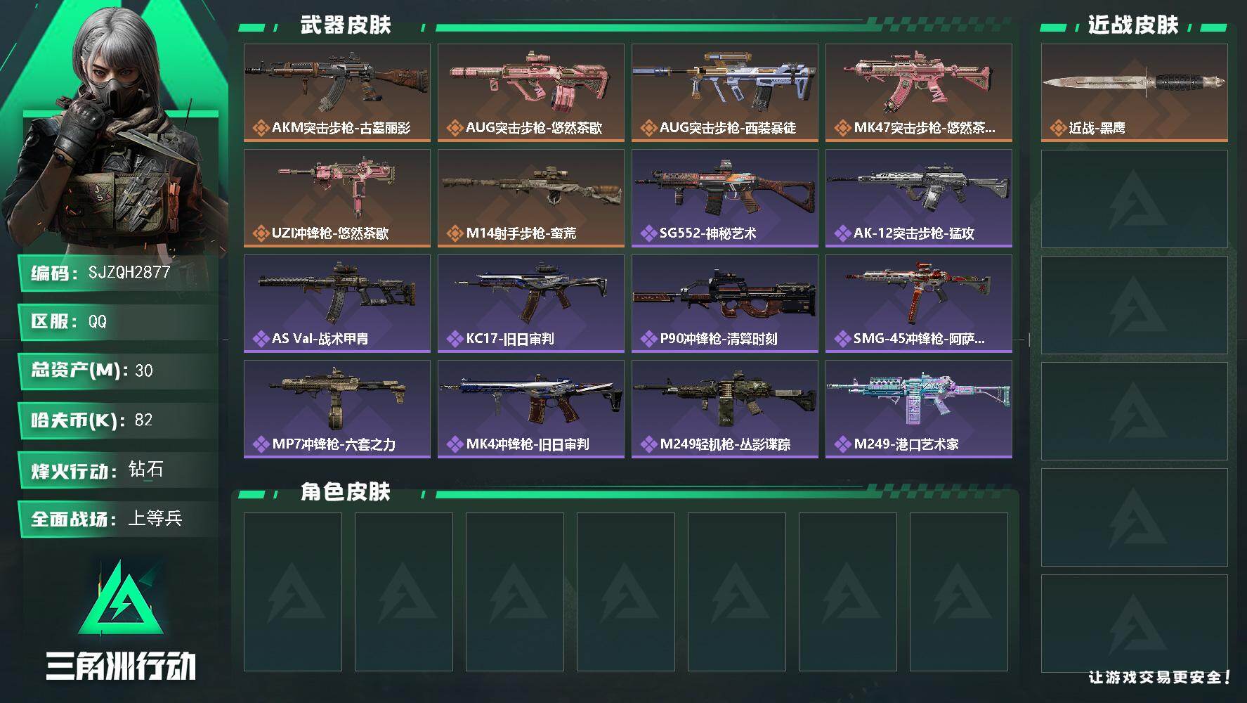 三角洲行动账号QQ【SJZQH2877】总资产30M/哈夫币8万/传说枪皮数6/战场等级20/行动等级60/安全箱等时效性道具以游戏内数据为准，详情请看图/近战-黑鹰/AKM突击步枪-古墓丽影/AUG突击步枪-悠然茶