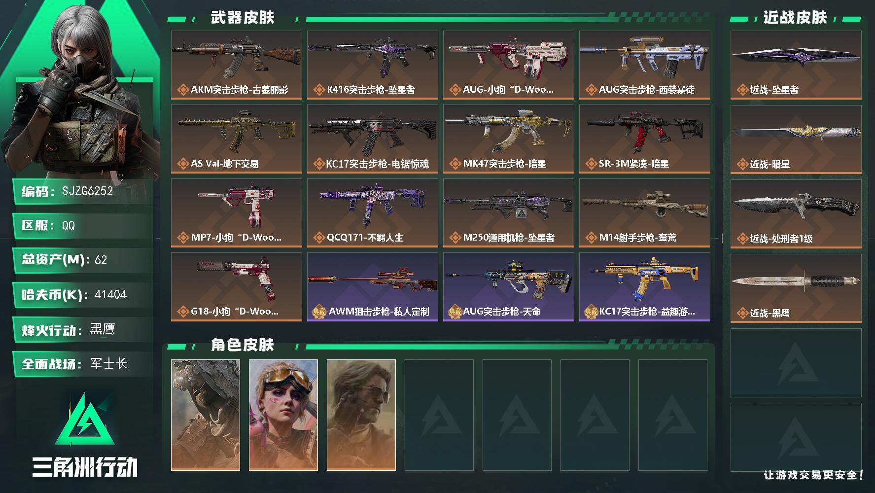 三角洲行动账号QQ【SJZG6252】总资产62M/哈夫币4140万/传说近战数3/干员外观数3/传说枪皮数13/战场等级29/行动等级60/安全箱等时效性道具以游戏内数据为准，详情请看图/乌鲁鲁-荒原猎手/蛊-不羁