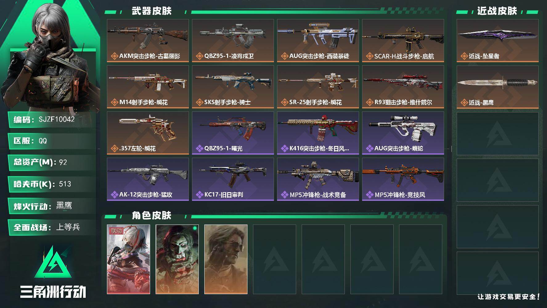 三角洲行动账号QQ【SJZF10042】总资产92M/哈夫币51万/传说近战数1/干员外观数3/传说枪皮数9/战场等级23/行动等级60/安全箱等时效性道具以游戏内数据为准，详情请看图/骇爪-维什戴尔/红狼-电锯惊魂