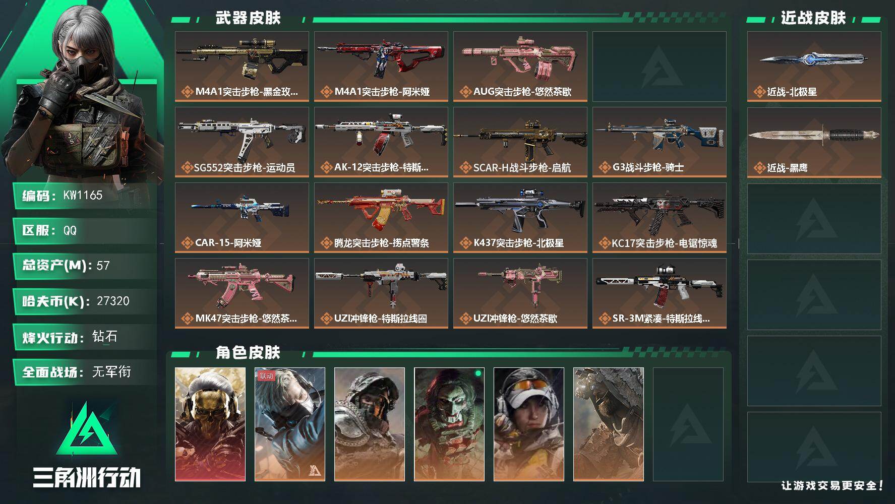三角洲行动账号QQ【KW1165】总资产57M/哈夫币2732万/传说近战数1/干员外观数6/传说枪皮数30/战场等级5/行动等级60/安全箱等时效性道具以游戏内数据为准，详情请看图/红狼-蚀金玫瑰/蜂医-送葬人·无