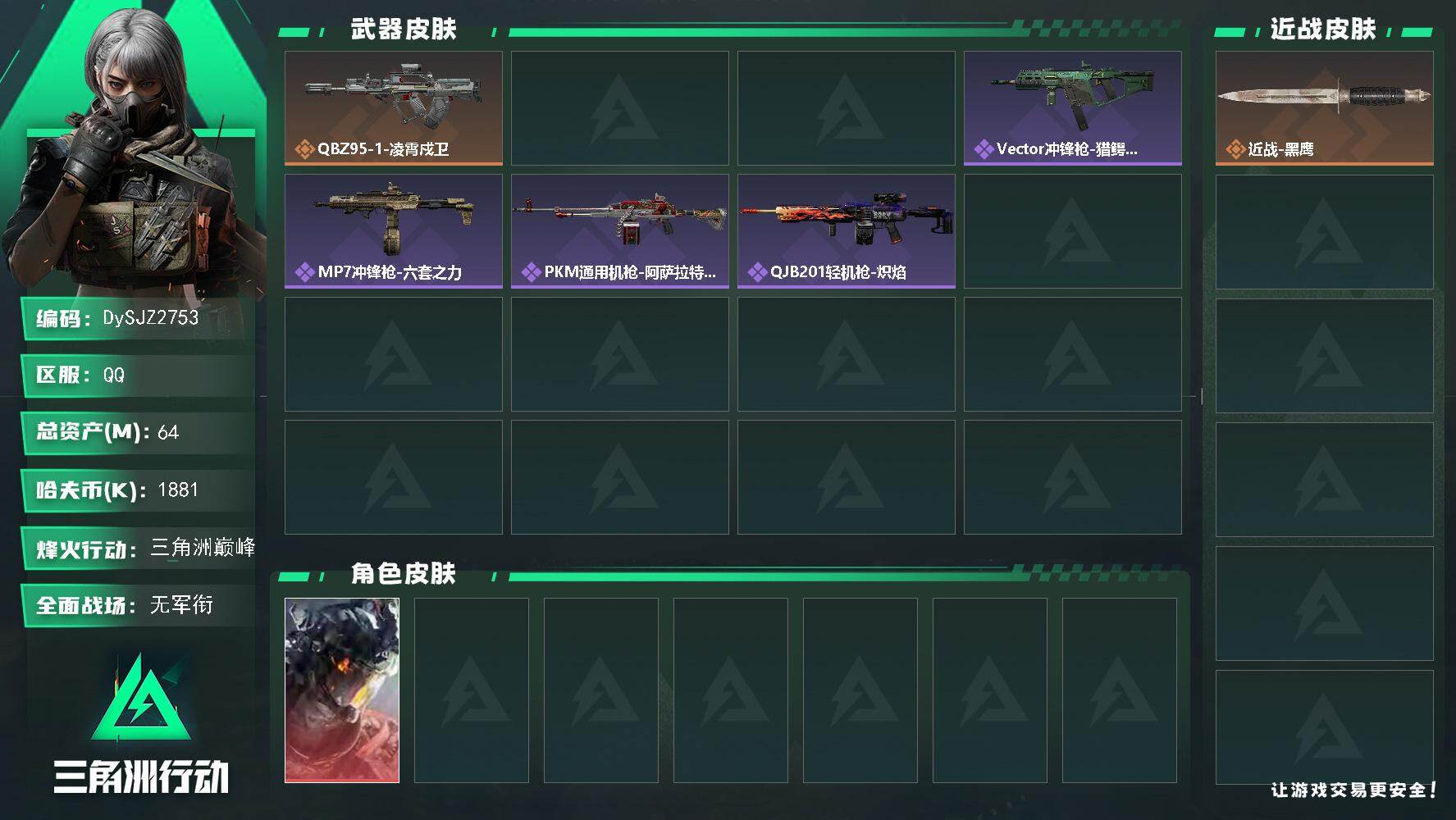 三角洲行动账号QQ【DySJZ2753】总资产64M/哈夫币188万/干员外观数1/传说枪皮数1/战场等级1/行动等级60/安全箱等时效性道具以游戏内数据为准，详情请看图/威龙-凌霄戍卫/近战-黑鹰/QBZ95-1突