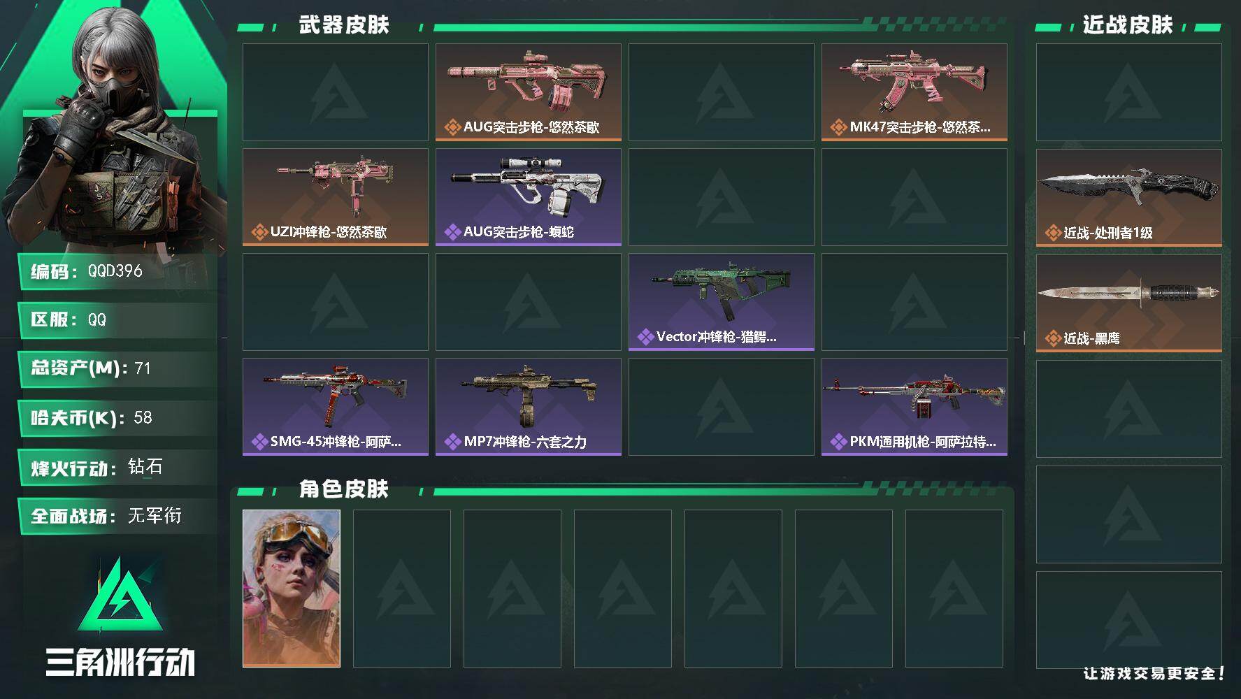 三角洲行动账号QQQQD396/QQ区【精品双刀两金皮+仓库7级精品高质量跑刀号】【总资产:71M+近战坠星者+2发A