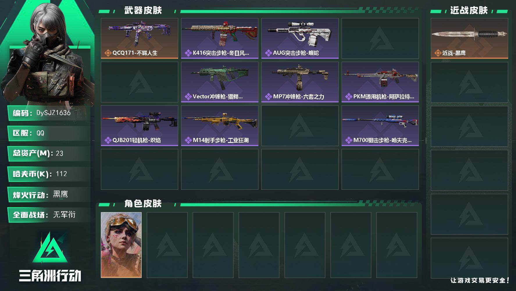 三角洲行动账号QQ【DySJZ1636】总资产23M/哈夫币11万/干员外观数1/传说枪皮数1/战场等级5/行动等级60/安全箱等时效性道具以游戏内数据为准，详情请看图/蛊-不羁人生/近战-黑鹰/QCQ171冲锋枪-