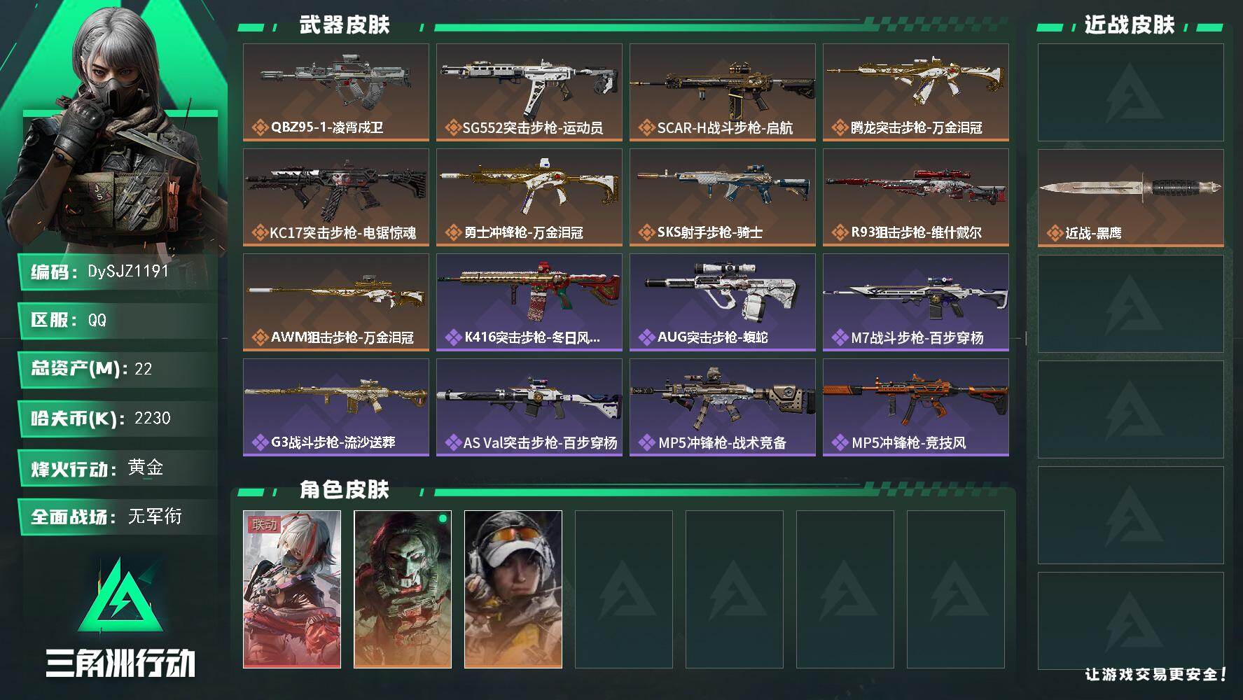 三角洲行动账号QQ【DySJZ1191】总资产22M/哈夫币223万/传说近战数1/干员外观数3/传说枪皮数9/战场等级1/行动等级60/安全箱等时效性道具以游戏内数据为准，详情请看图/骇爪-维什戴尔/红狼-电锯惊魂