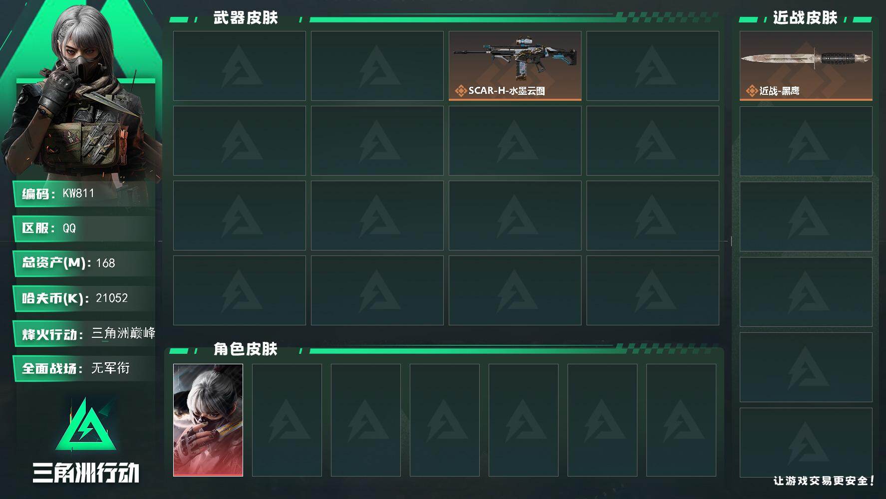 三角洲行动账号QQ【KW811】总资产168M/哈夫币2105万/干员外观数1/传说枪皮数3/战场等级1/行动等级60/安全箱等时效性道具以游戏内数据为准，详情请看图/骇爪-水墨云图/近战-黑鹰/AKM突击步枪-古墓
