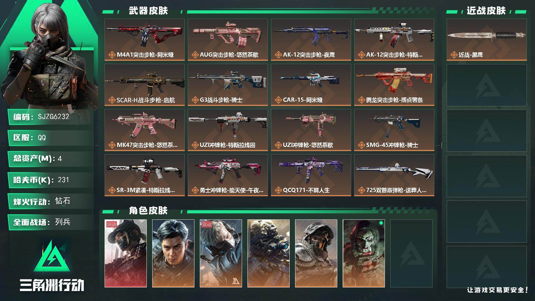 三角洲行动账号QQ【SJZG6232】总资产4M/哈夫币23万/干员外观数6/传说枪皮数22/战场等级31/行动等级6
