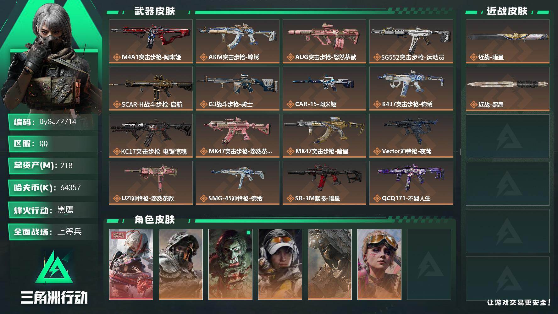 三角洲行动账号QQ【DySJZ2714】总资产218M/哈夫币6435万/传说近战数1/干员外观数6/传说枪皮数25/战场等级31/行动等级60/安全箱等时效性道具以游戏内数据为准，详情请看图/骇爪-维什戴尔/深蓝-