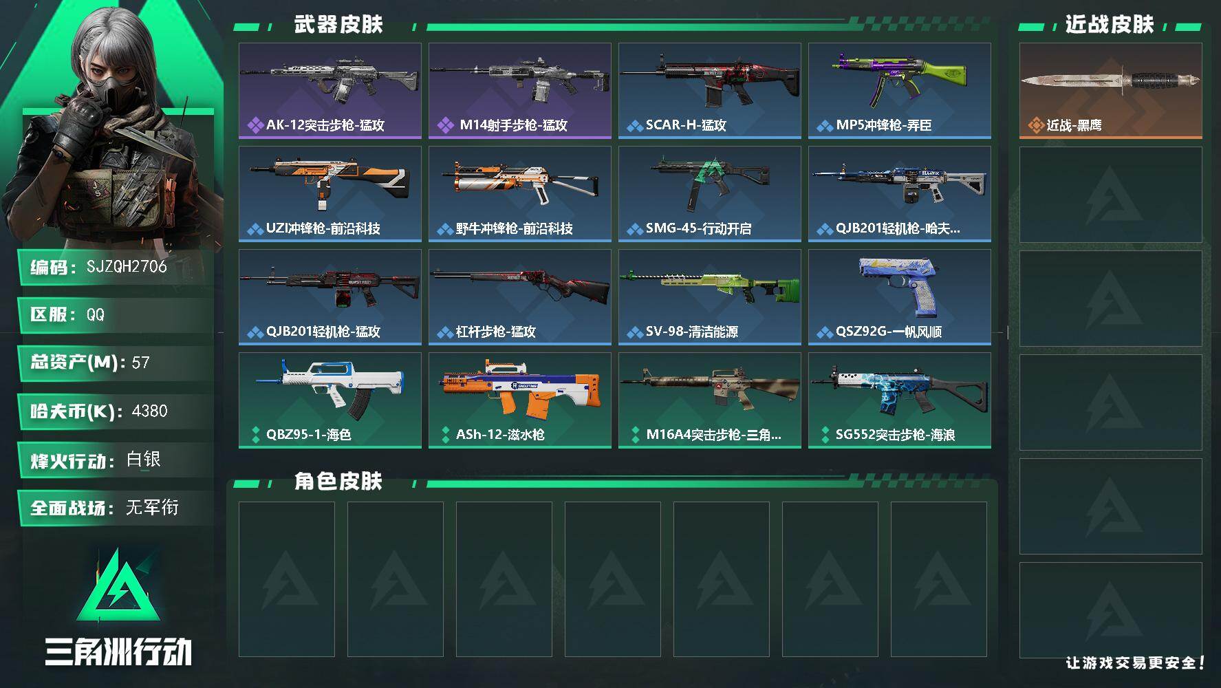 三角洲行动账号QQ【SJZQH2706】总资产57M/哈夫币438万/战场等级1/行动等级60/安全箱等时效性道具以游戏内数据为准，详情请看图/近战-黑鹰/QBZ95-1突击步枪-战术甲胄/AK-12突击步枪-猛攻/