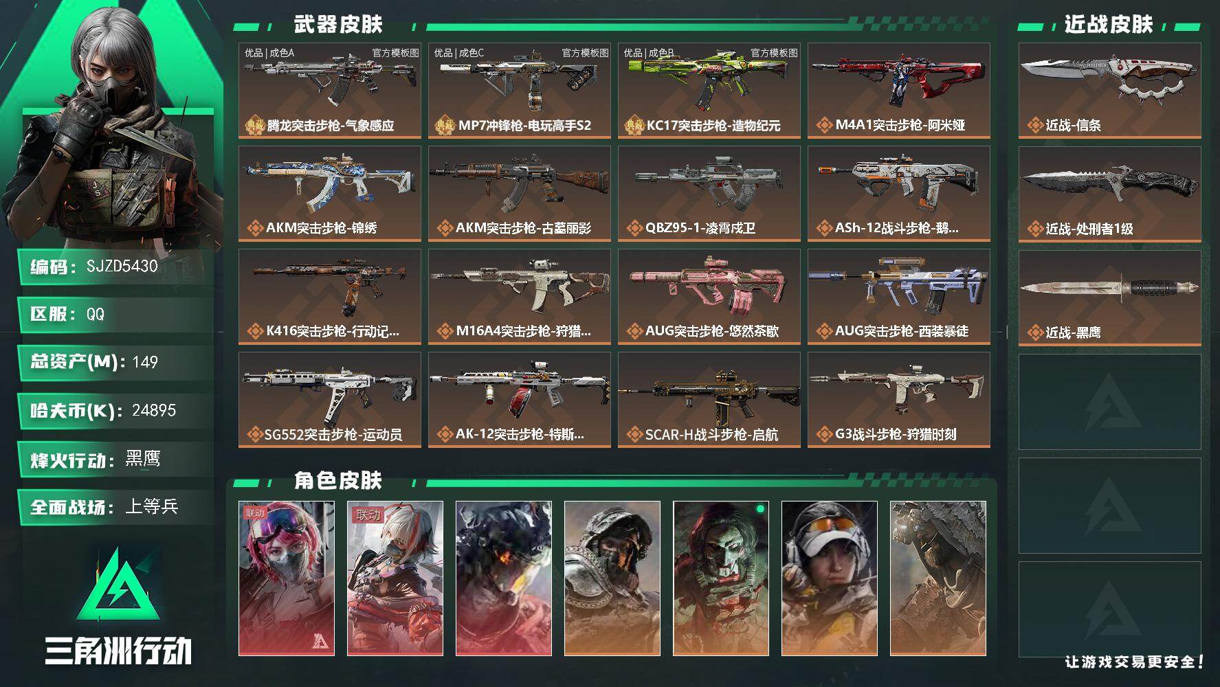 三角洲行动账号QQ【SJZD5430】总资产149M/哈夫币2489万/传说近战数2/干员外观数8/典藏外观数3/传说枪皮数41/战场等级31/行动等级60/安全箱等时效性道具以游戏内数据为准，详情请看图/蛊-能天使