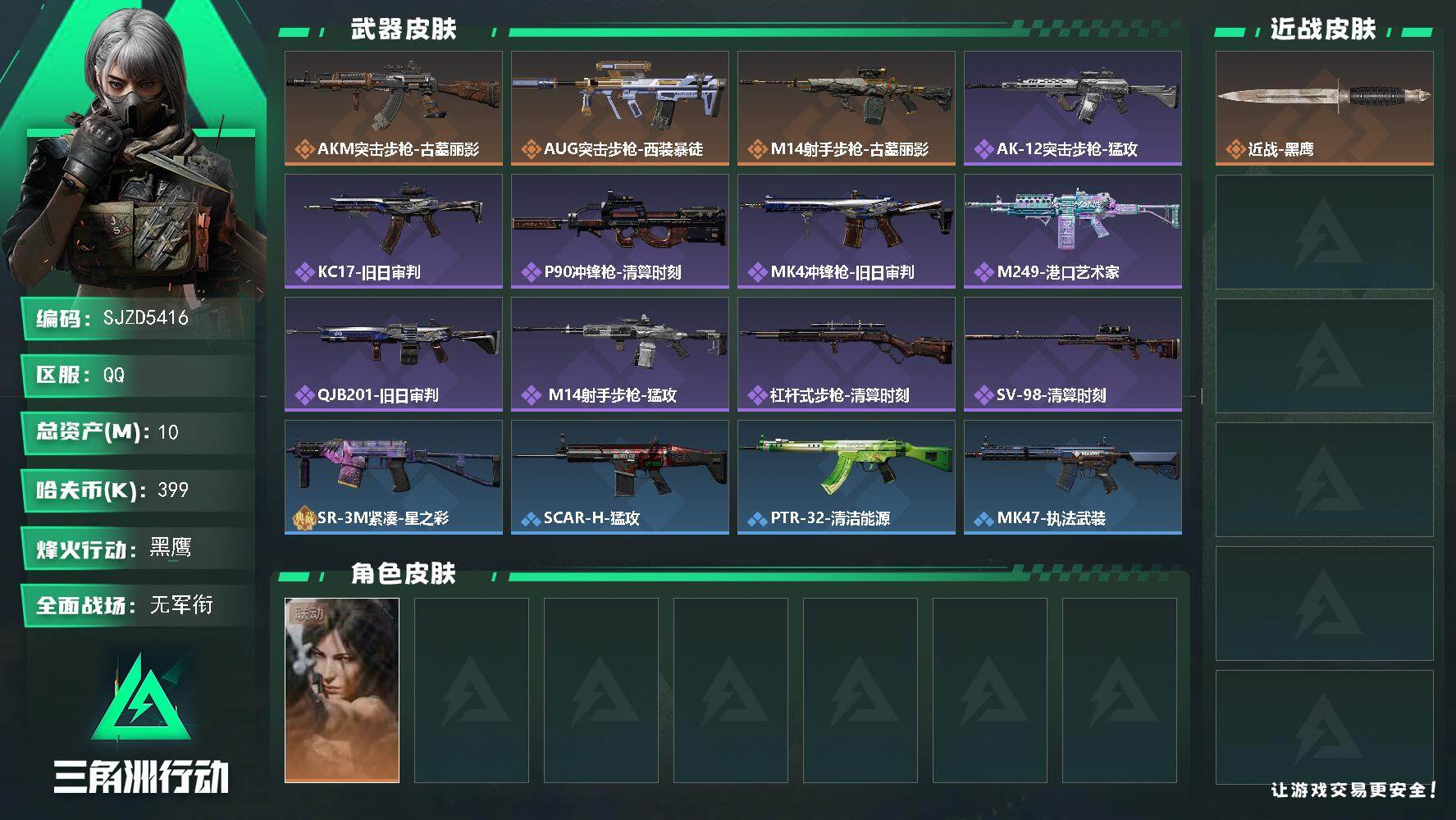 三角洲行动账号QQ【SJZD5416】总资产10M/哈夫币39万/干员外观数1/传说枪皮数3/战场等级1/行动等级59/安全箱等时效性道具以游戏内数据为准，详情请看图/露娜-劳拉·克劳馥/近战-黑鹰/AKM突击步枪-
