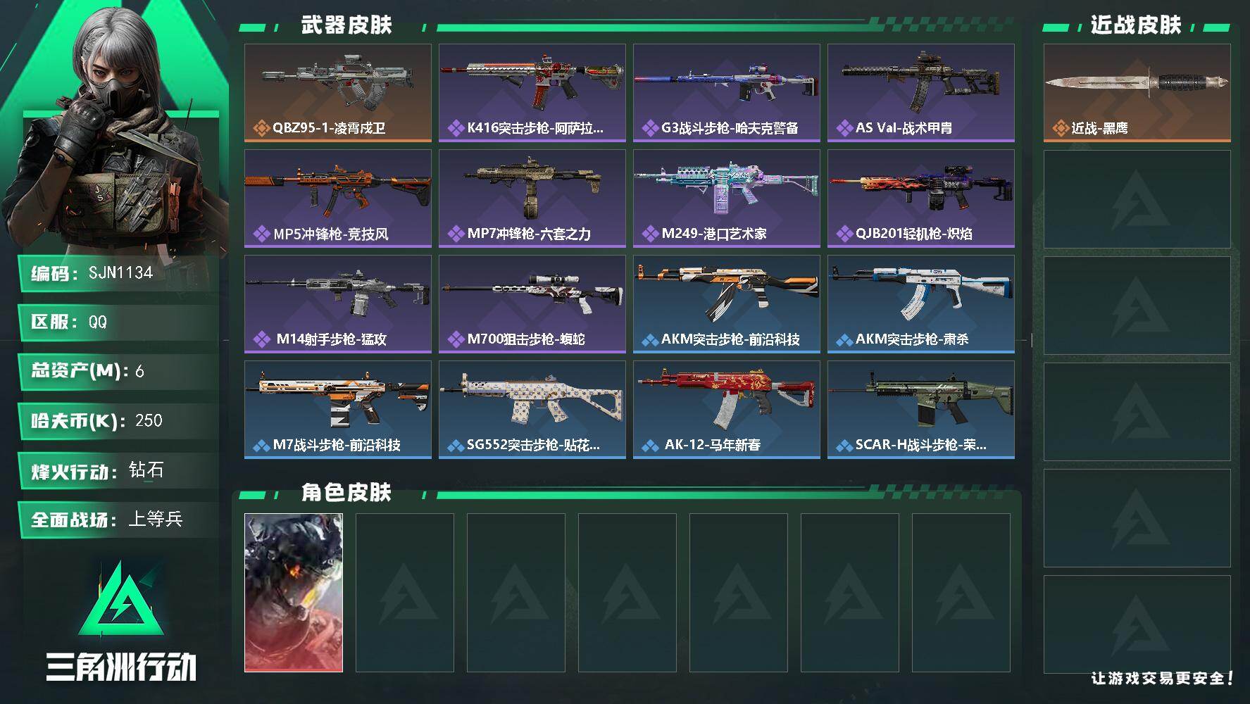 三角洲行动账号QQ【SJN1134】总资产6M/哈夫币25万/干员外观数1/传说枪皮数1/战场等级18/行动等级60/安全箱等时效性道具以游戏内数据为准，详情请看图/威龙-凌霄戍卫/近战-黑鹰/QBZ95-1突击步枪