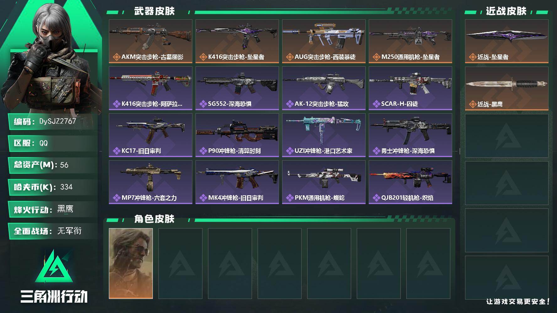 三角洲行动账号QQ【DySJZ2767】总资产56M/哈夫币33万/传说近战数1/干员外观数1/传说枪皮数4/战场等级1/行动等级60/安全箱等时效性道具以游戏内数据为准，详情请看图/银翼-未结卷宗/近战-坠星者/近