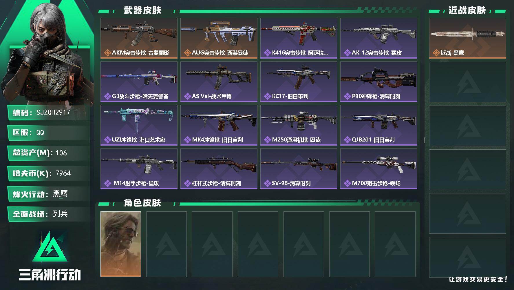 三角洲行动账号QQ【SJZQH2917】总资产106M/哈夫币796万/干员外观数1/传说枪皮数2/战场等级6/行动等级60/安全箱等时效性道具以游戏内数据为准，详情请看图/银翼-未结卷宗/近战-黑鹰/AKM突击步枪